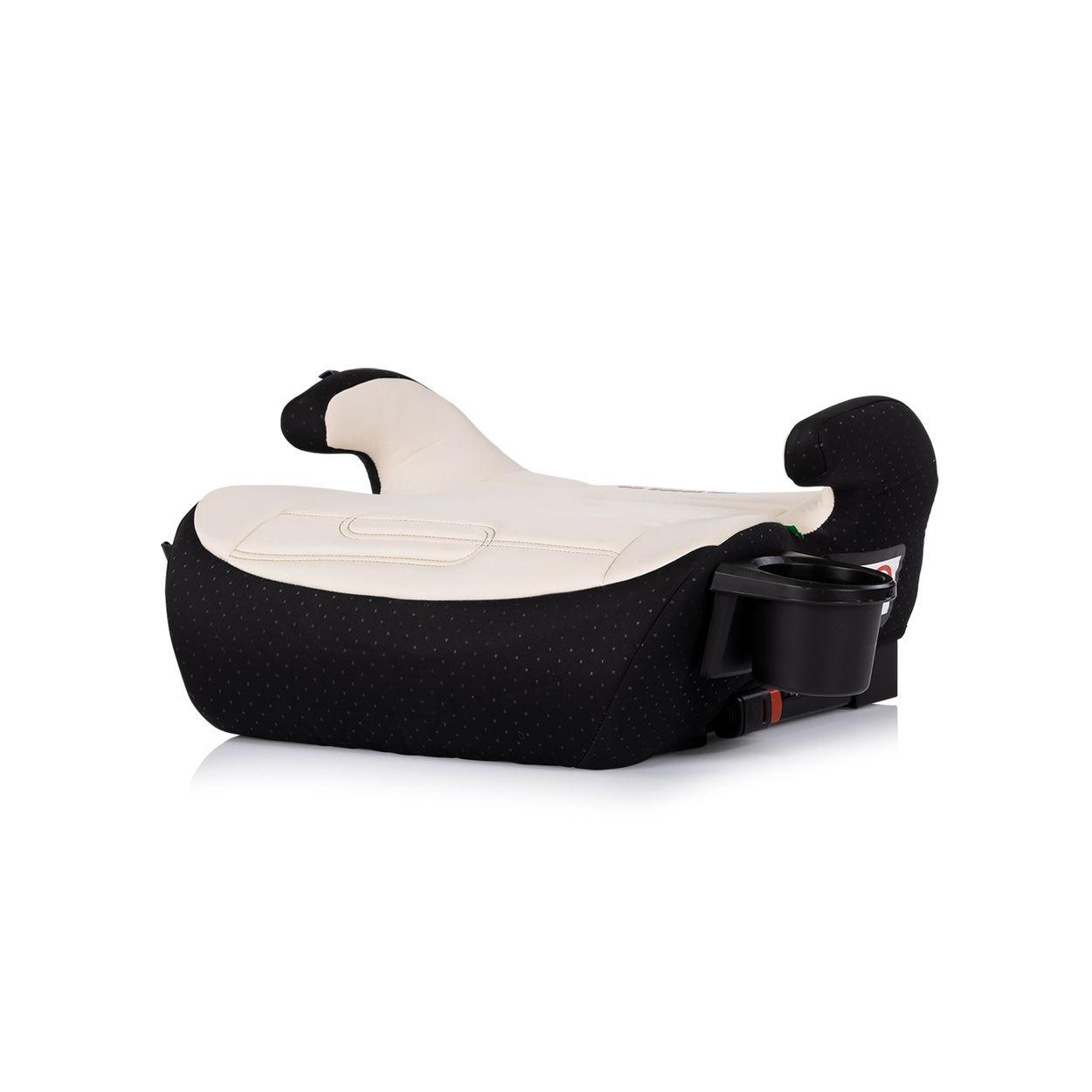 Ein schwarzer und cremefarbener Kindersitz mit Getränkehalter und verstellbaren Armlehnen.