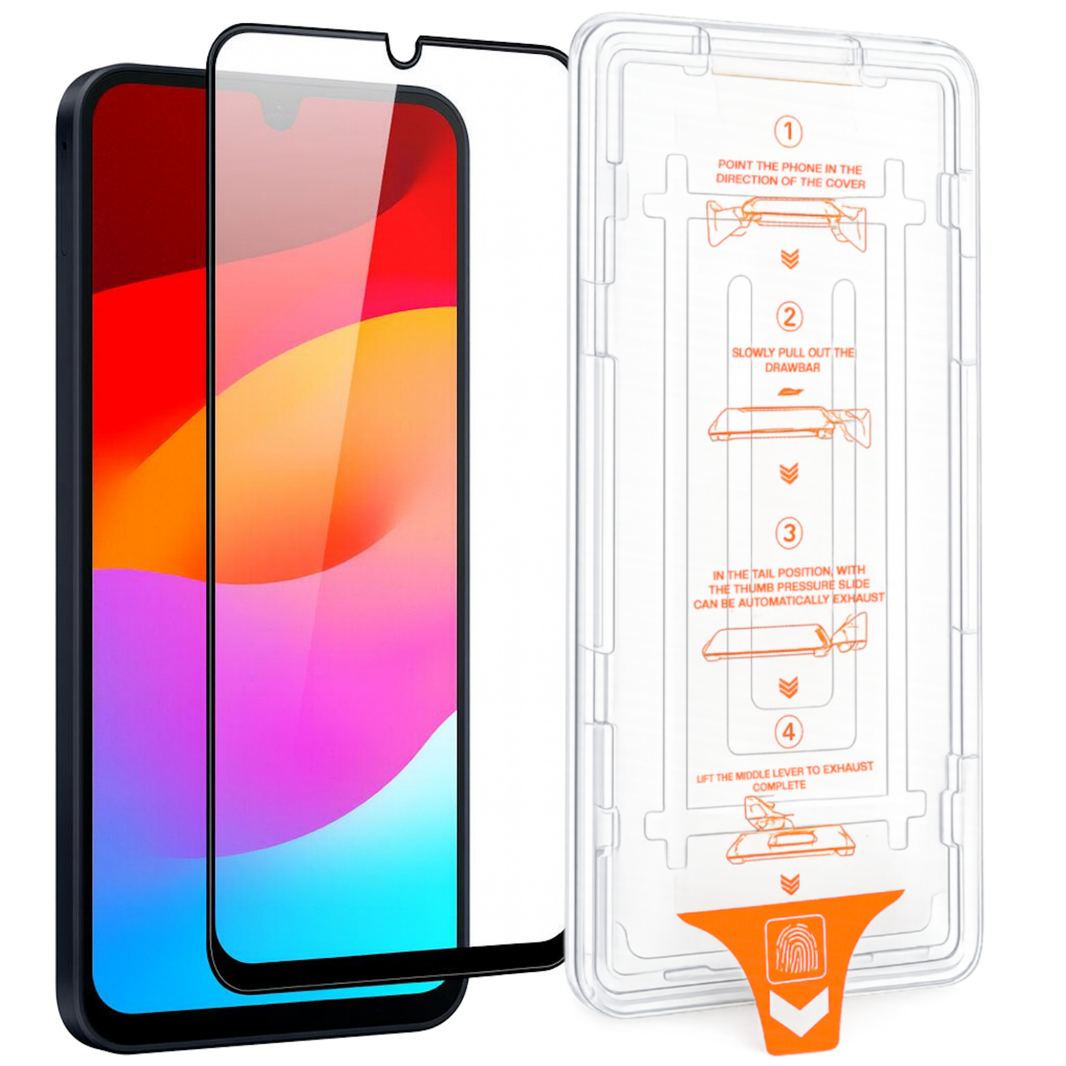 Ein Smartphone mit einem Displayschutz und einer Einbauhilfe.
