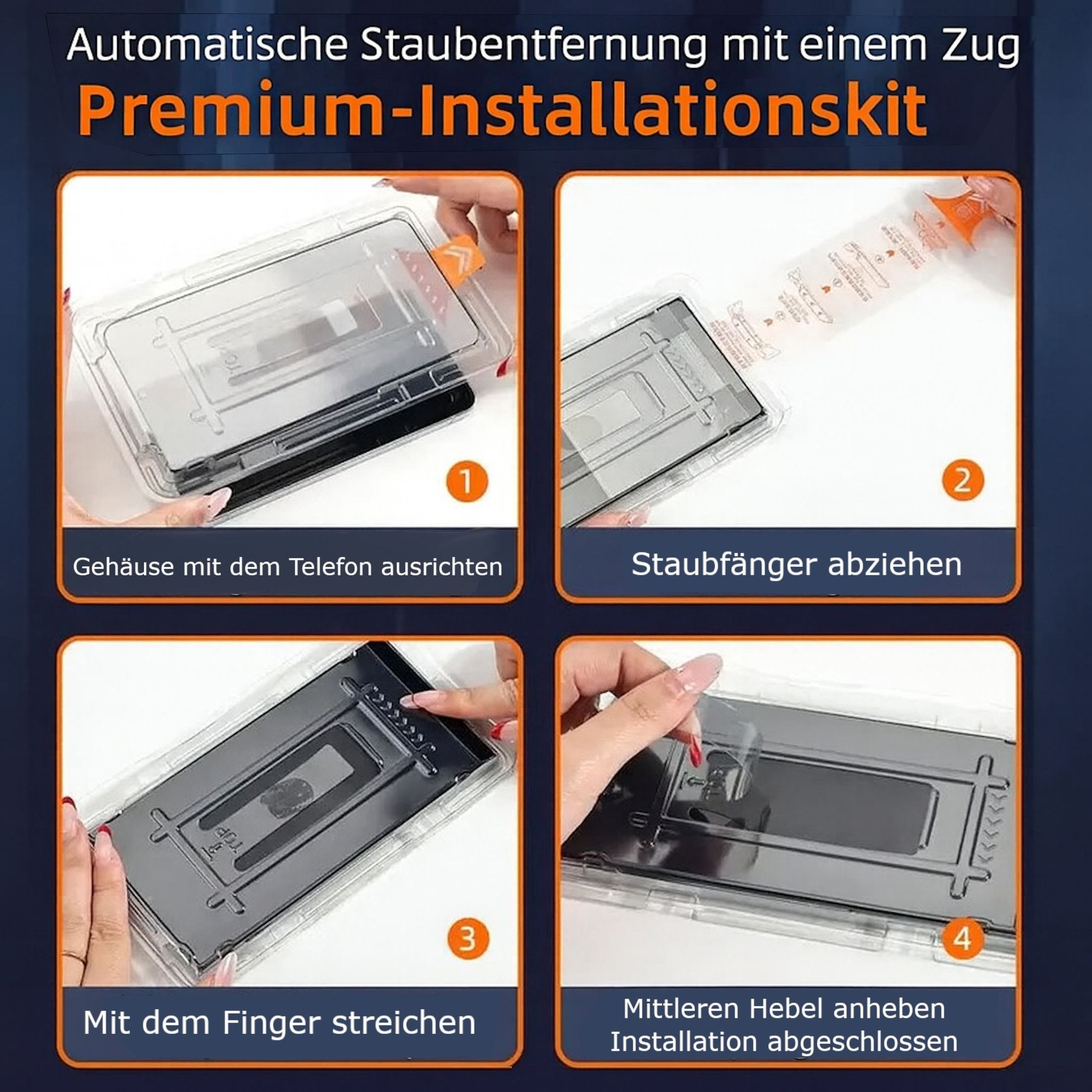 Anleitung zur Installation eines Premium-Displayschutzes mit beiliegender Hülle.