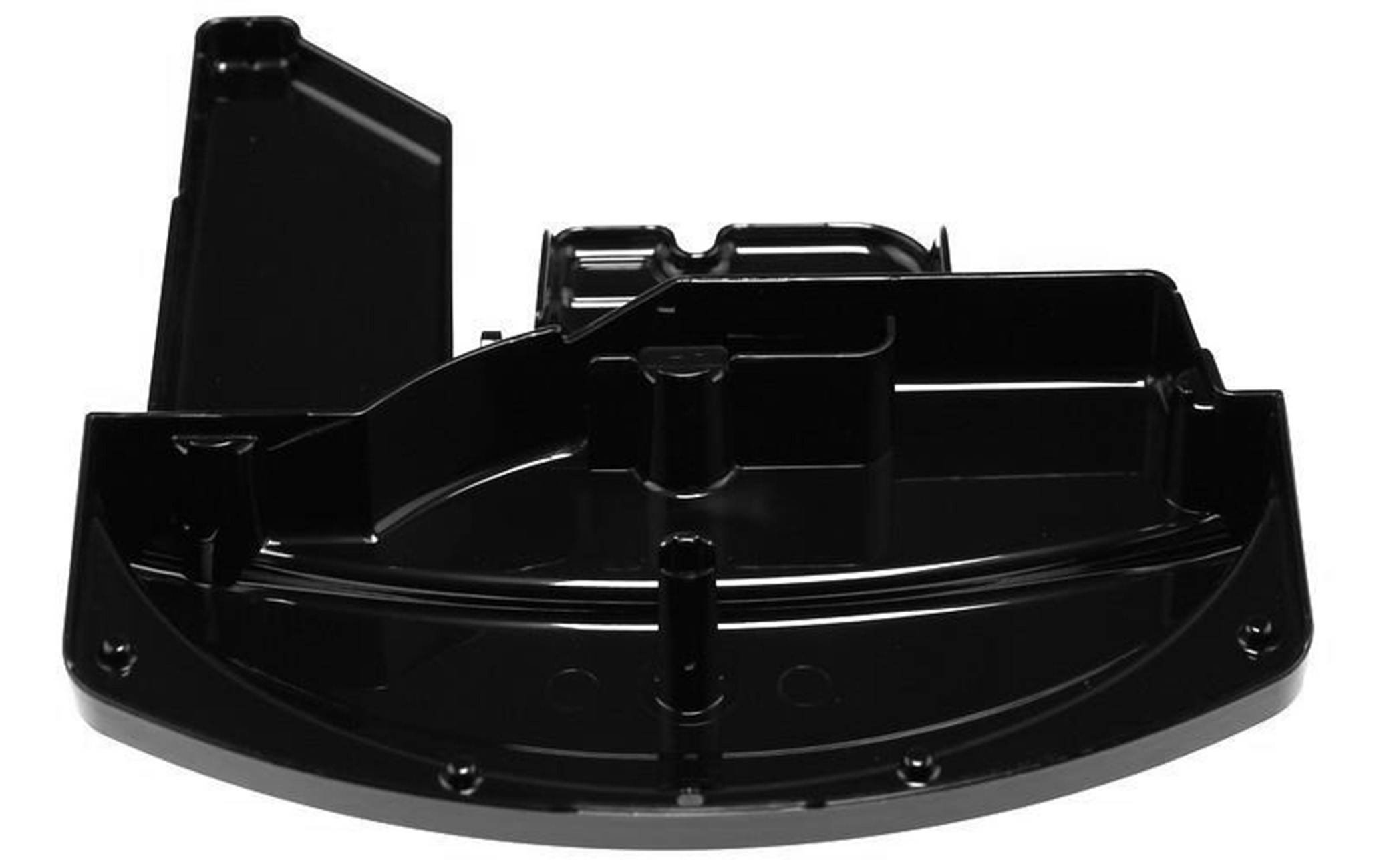 Ein schwarzes Plastikteil mit gebogenen und geraden Kanten, auf weißem Hintergrund.
