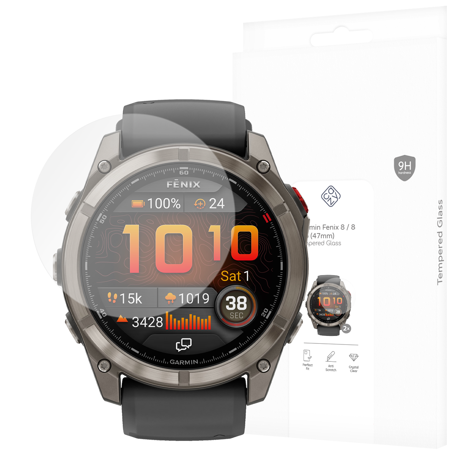Eine Schutzfolie für eine Garmin Fenix Smartwatch mit vielen Anzeigen.