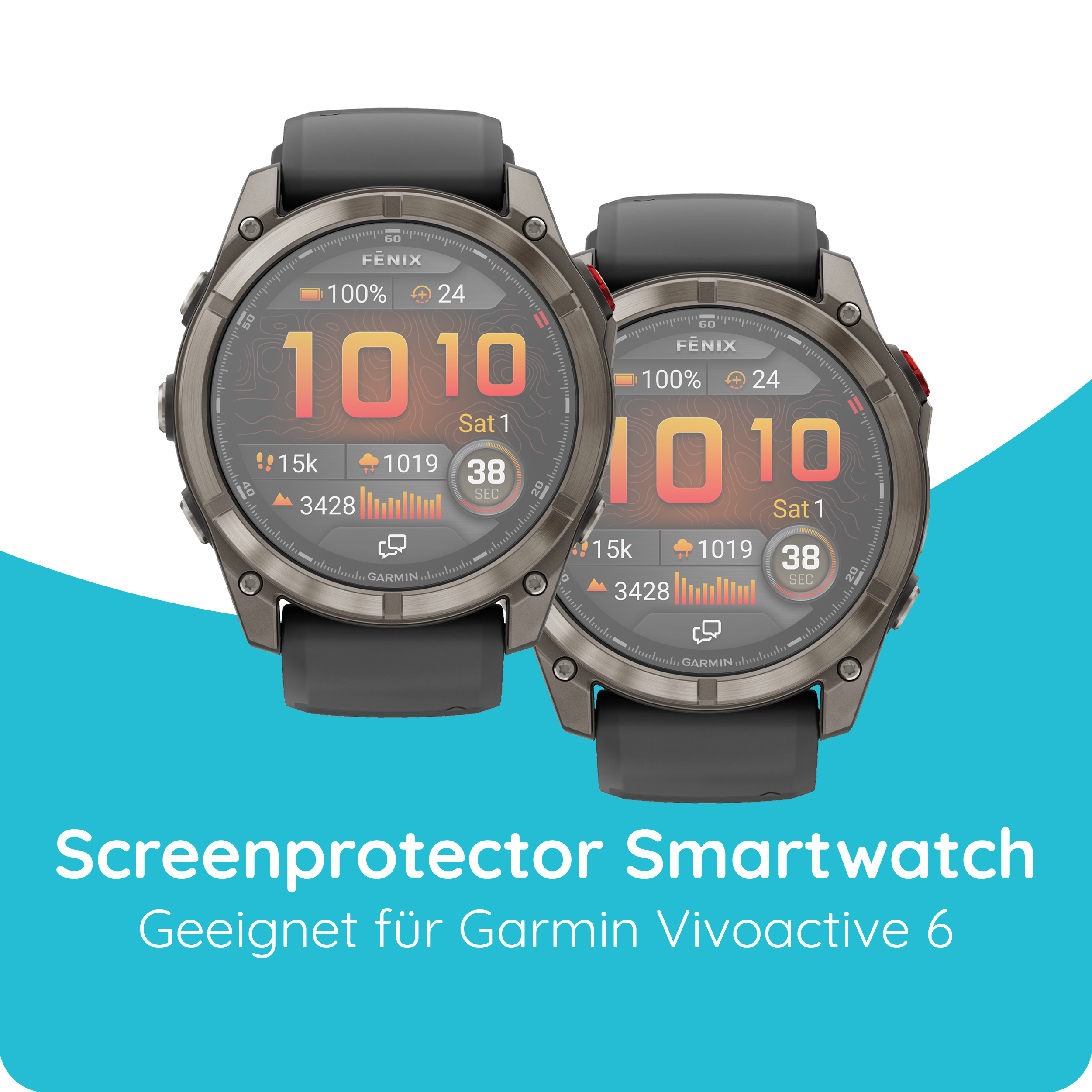 Zwei Garmin Smartwatches mit detailliertem Zifferblatt auf blauem Hintergrund.