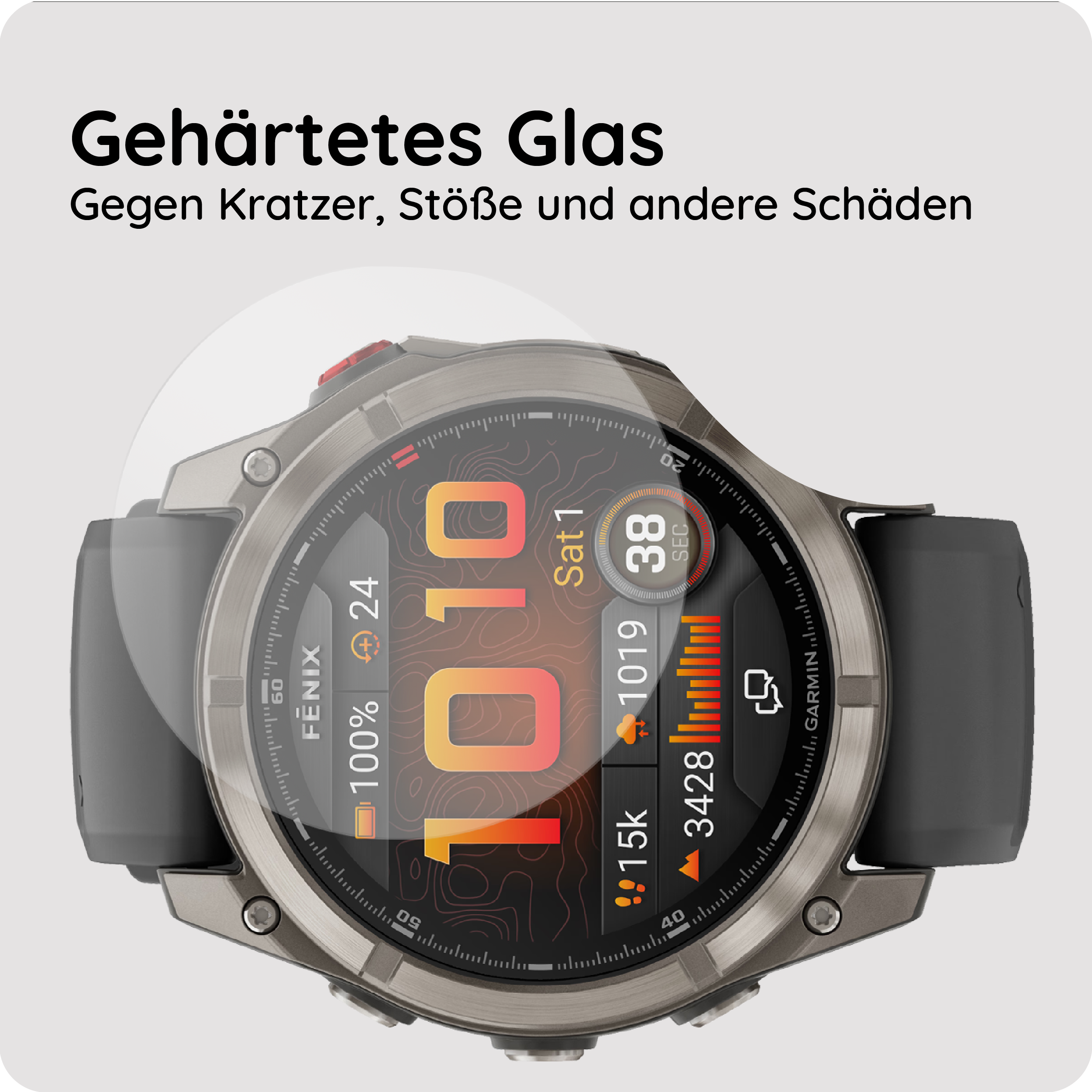 Eine gehärtete Glasfolie schützt eine Smartwatch mit vielen Anzeigen.