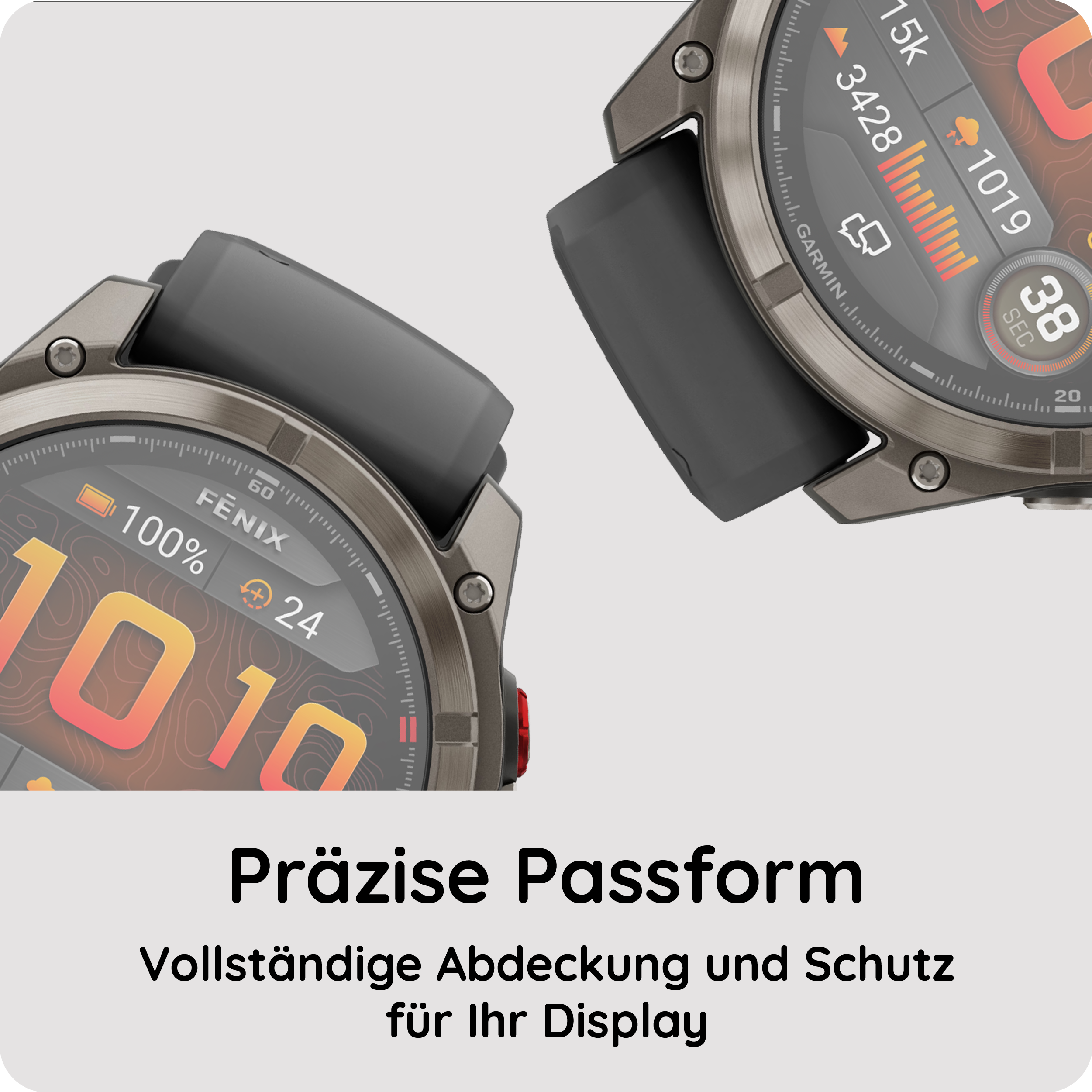 Zwei Garmin Fenix Uhren mit detaillierten Zifferblättern und Text auf Deutsch.