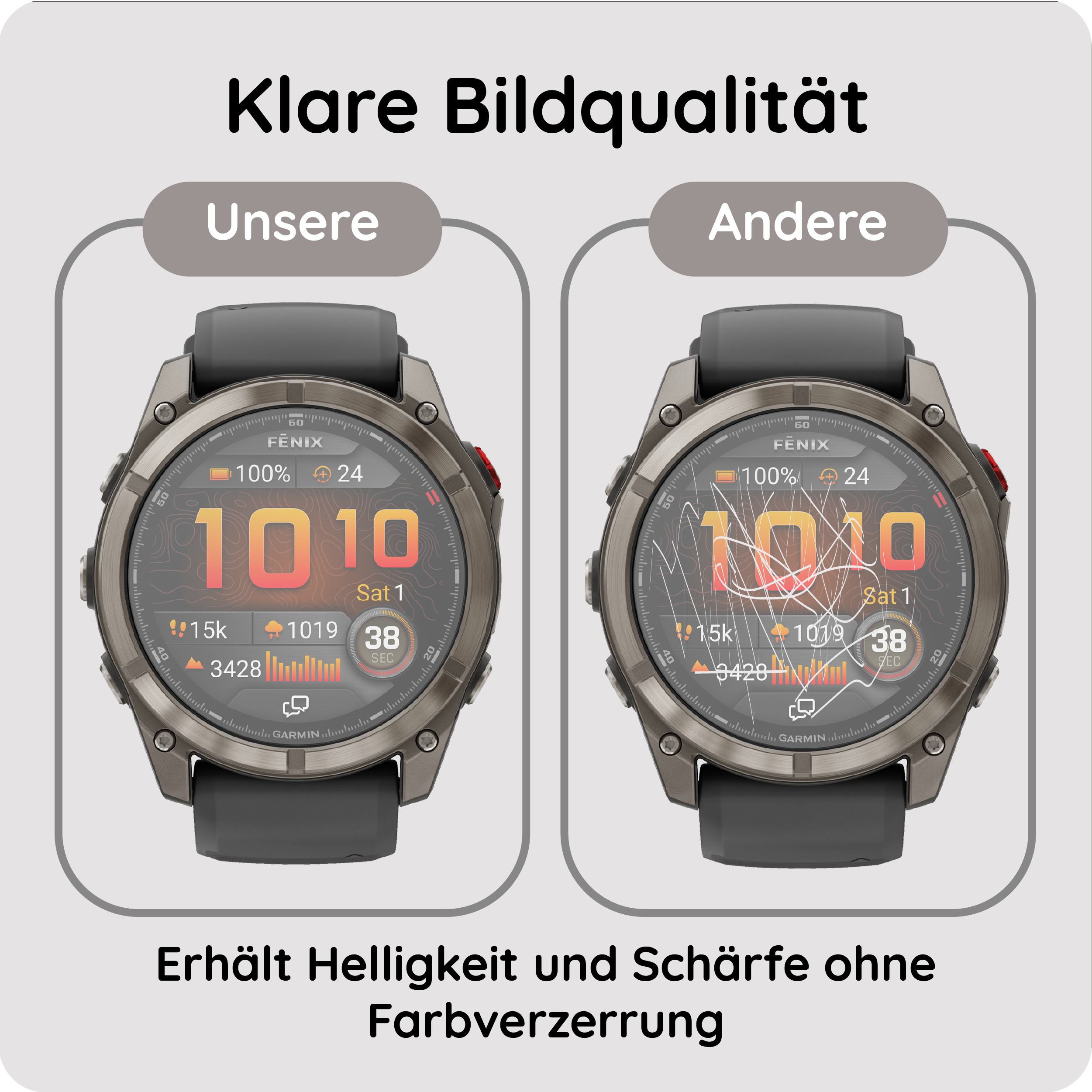 Zwei Smartwatches nebeneinander. Eine hat ein klares Display, die andere ist zerkratzt.