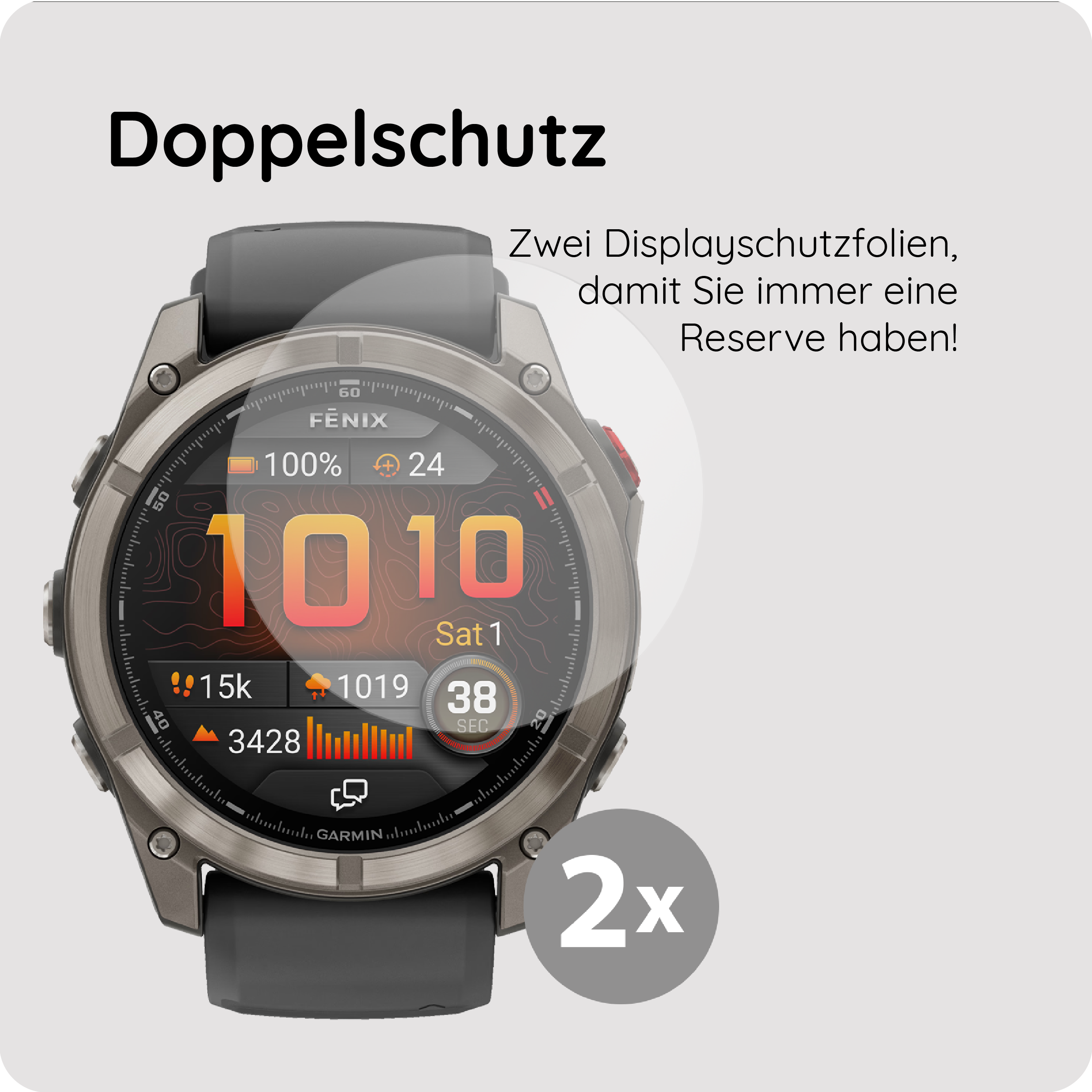 Eine graue Smartwatch mit dem Text "Doppelschutz" und "2x".