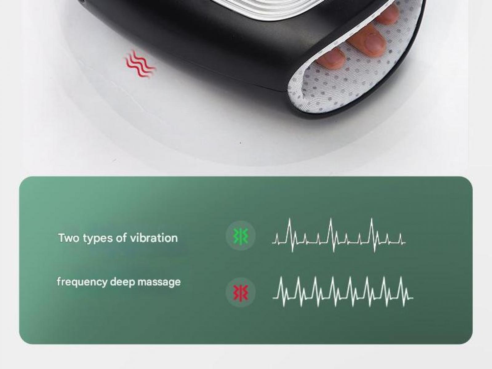 Ein schwarzes Massagegerät mit Wellensymbolen und Vibrationsdiagrammen.