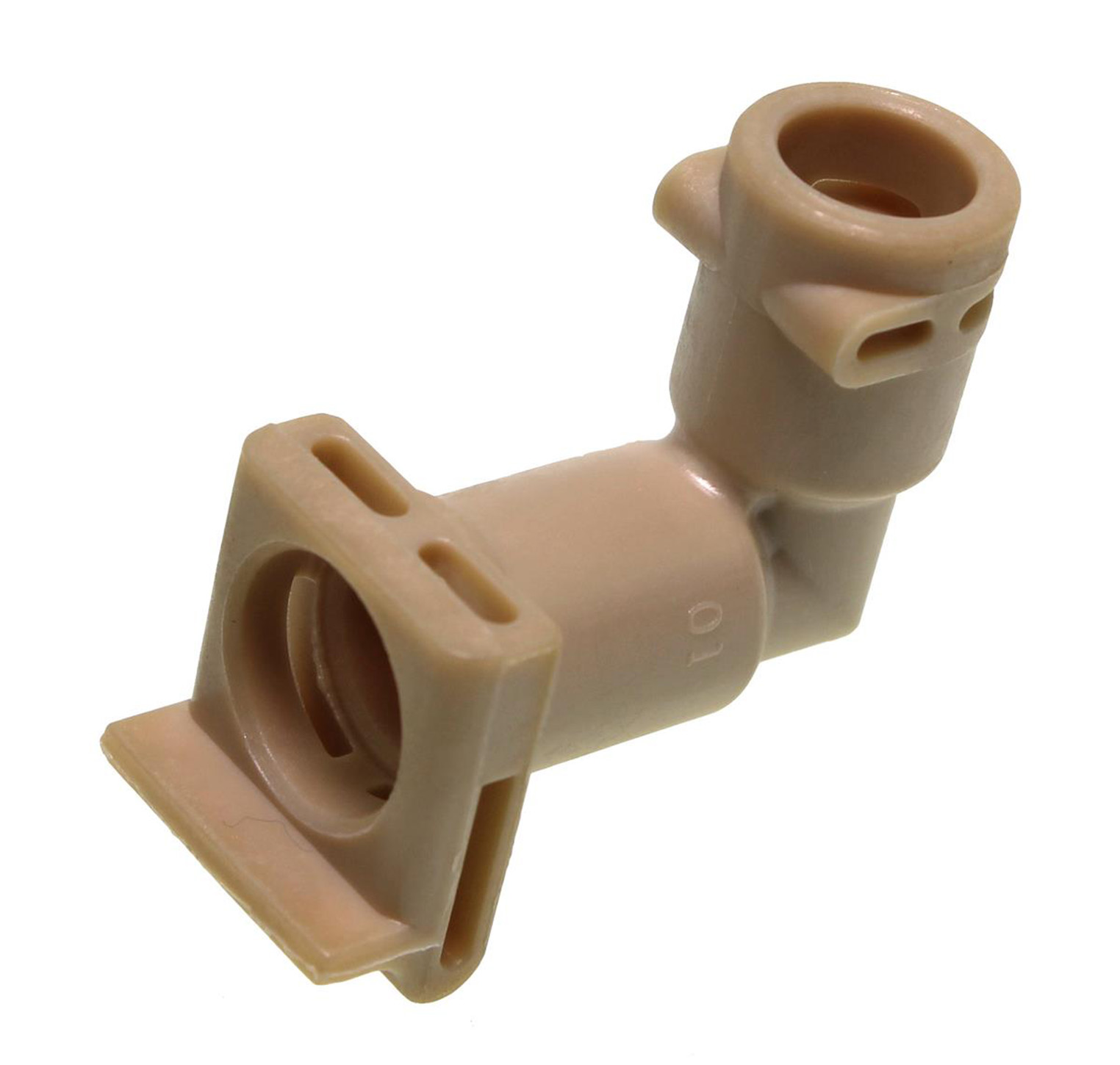 Ein beigefarbener Kunststoffadapter mit zwei Öffnungen und einer Kerbe.