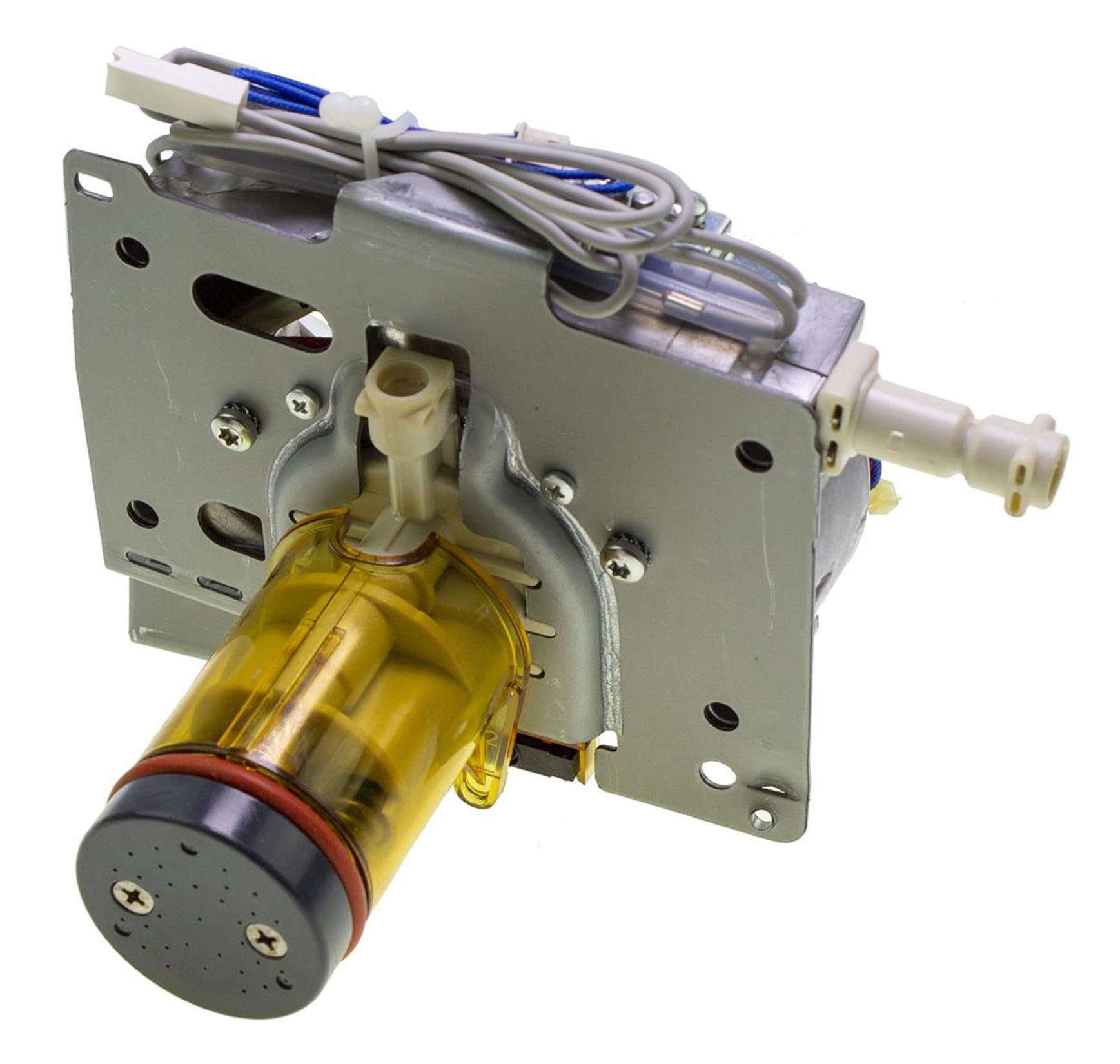 Ein elektrischer Pumpenmechanismus mit gelbem Behälter und Kabeln.