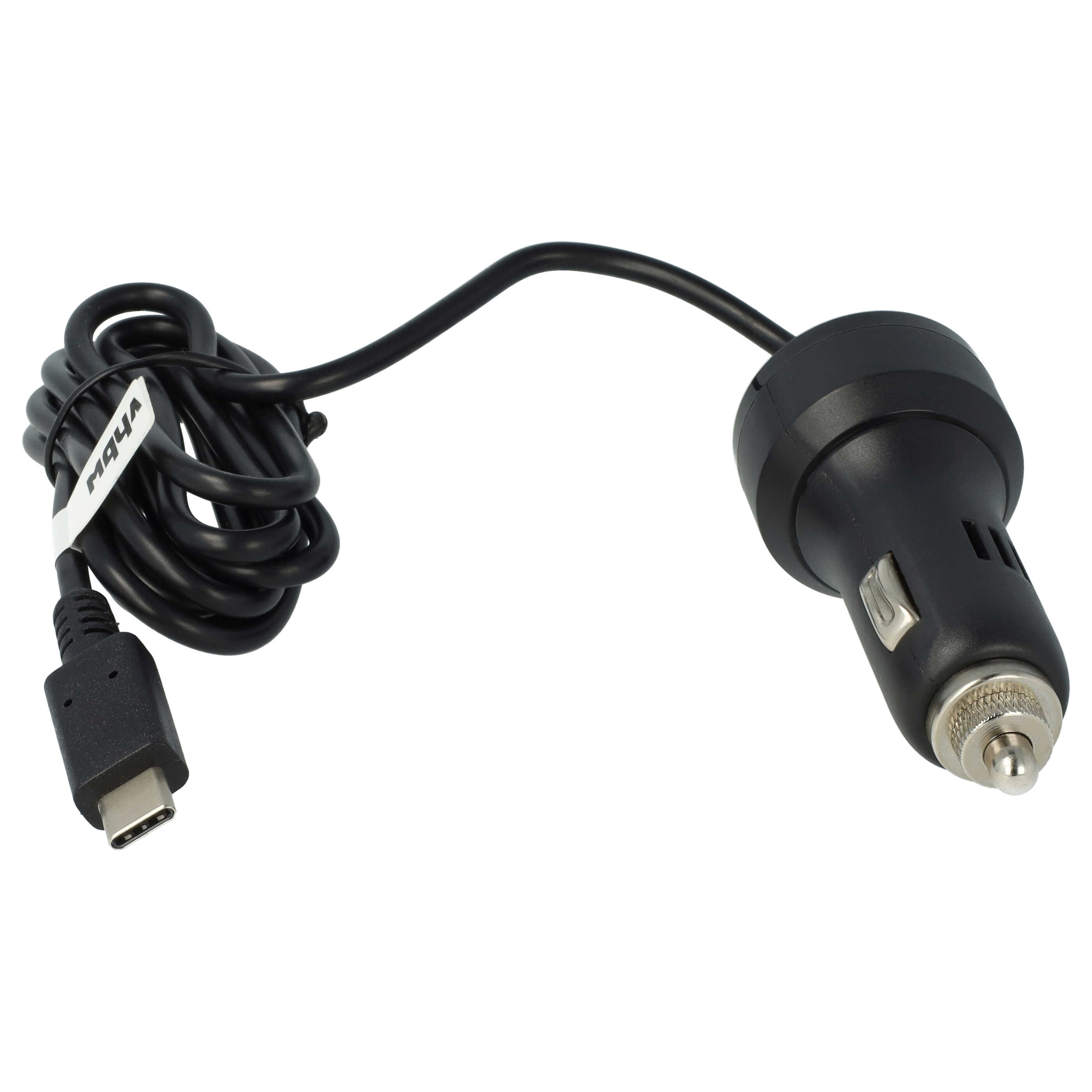 Schwarzer USB-C-Autoladegerät mit gewickeltem Kabel und Markierungsband.