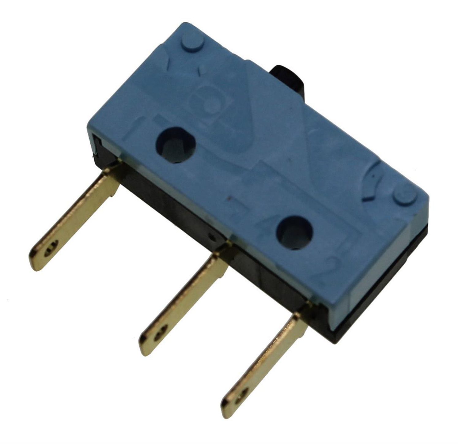 Ein blauer Mikroschalter mit drei Metallkontakten und einem schwarzen Knopf.