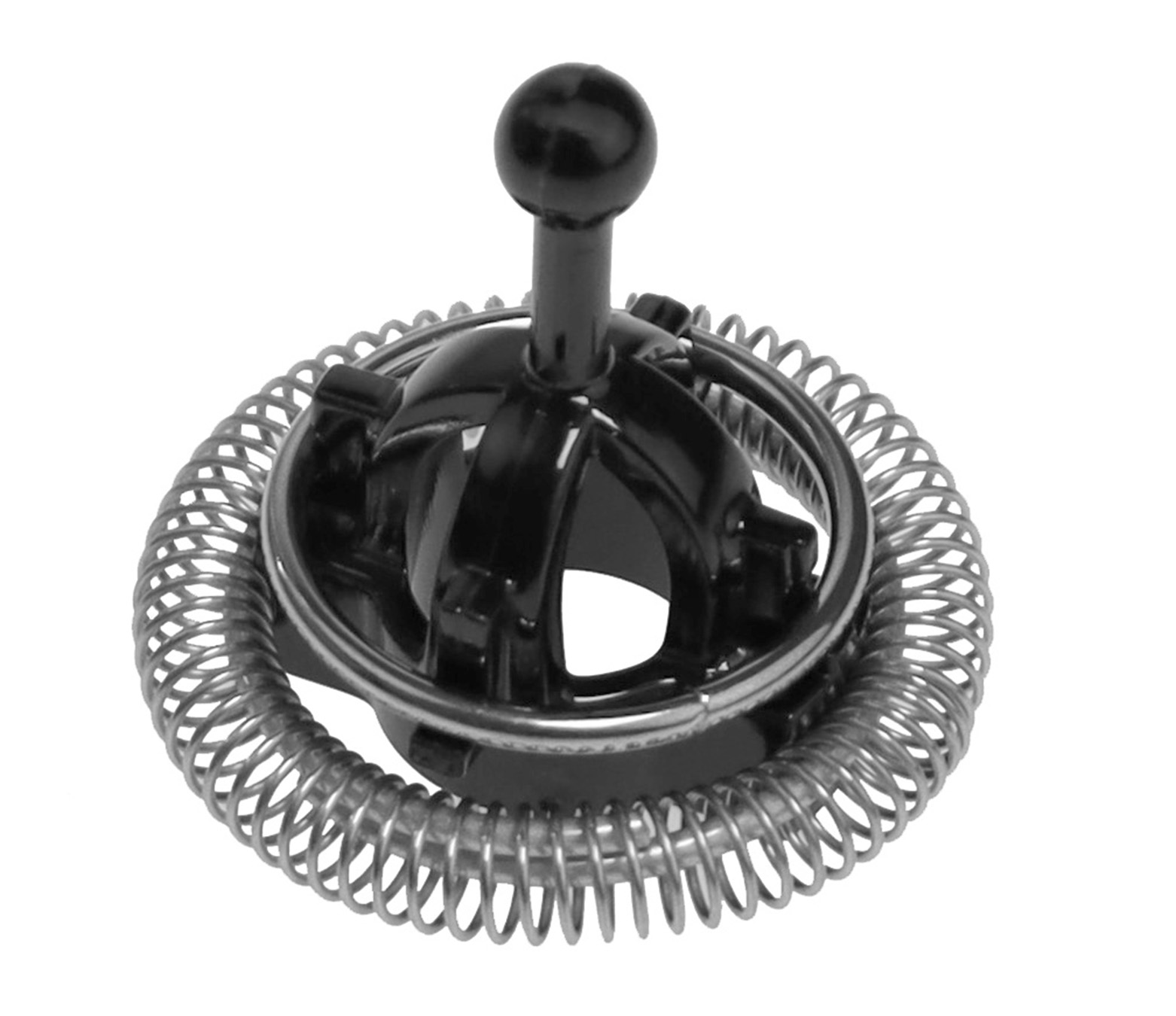 Ein schwarzer Milchaufschäumer-Aufsatz mit Spiralring.