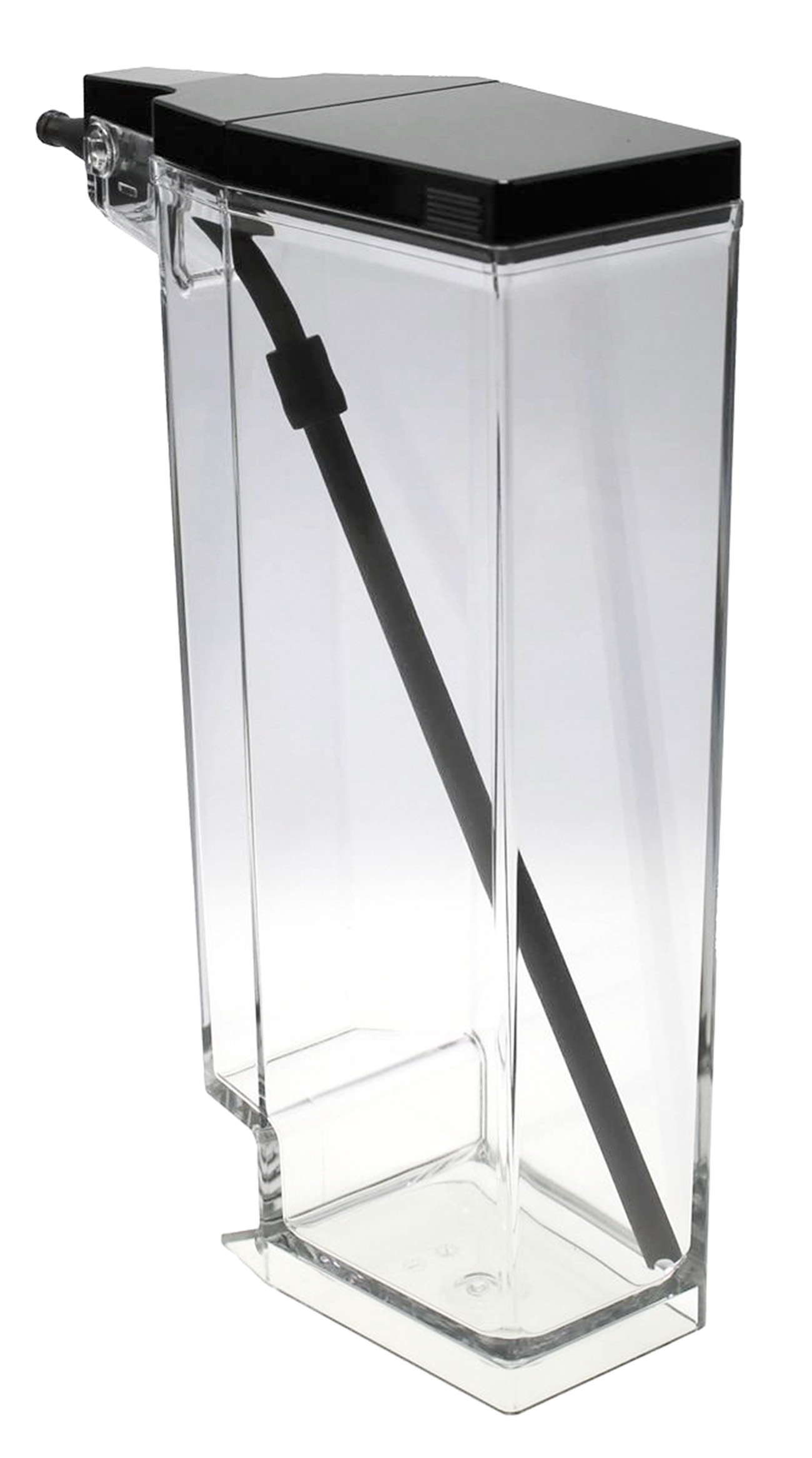 Transparenter Wassertank mit schwarzem Deckel und Schlauch.