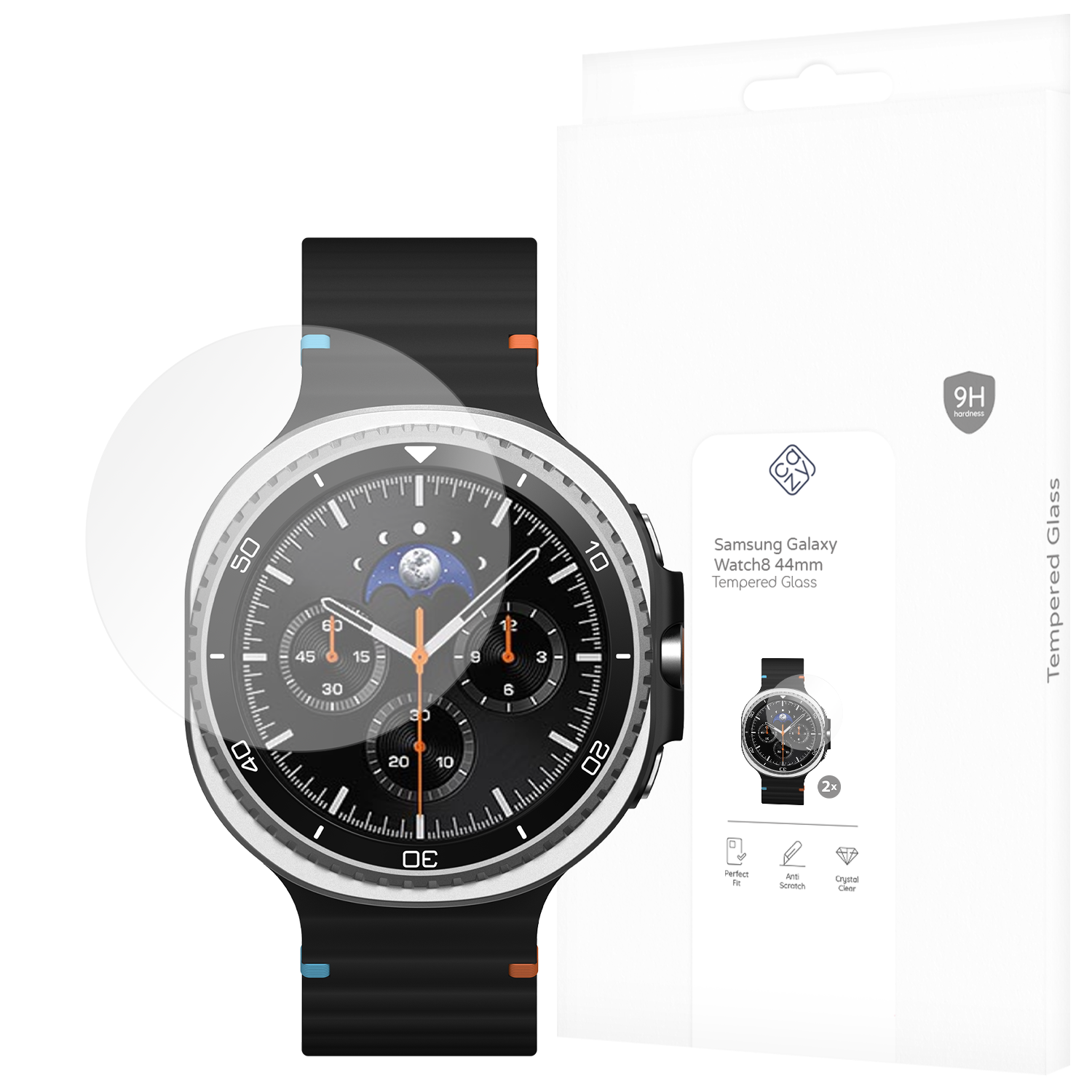 Schutzfolie für Samsung Galaxy Watch8 44mm, mit Zifferblatt und Verpackung.
