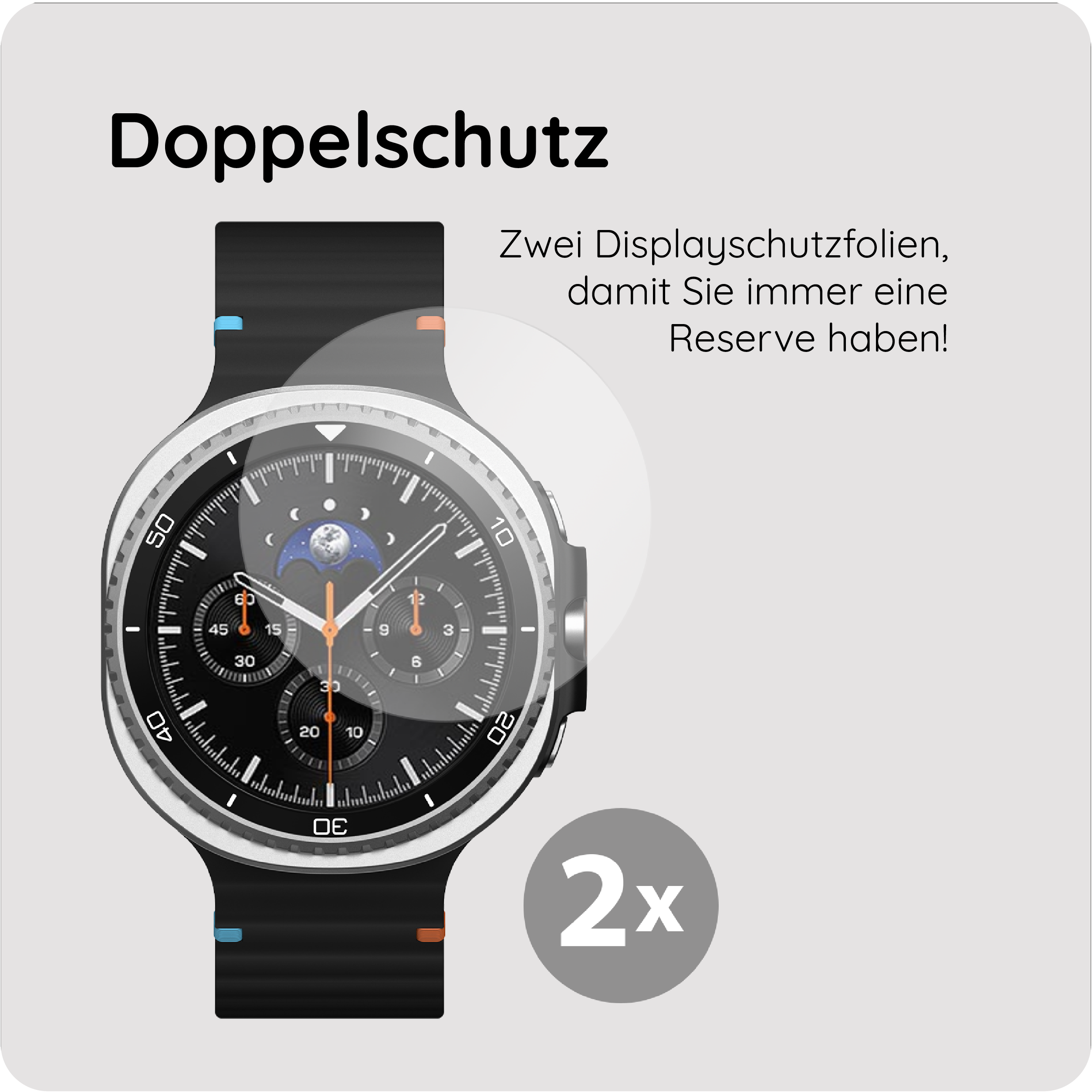 Eine Smartwatch mit schwarzem Armband und silbernem Zifferblatt mit Mondphasenanzeige.