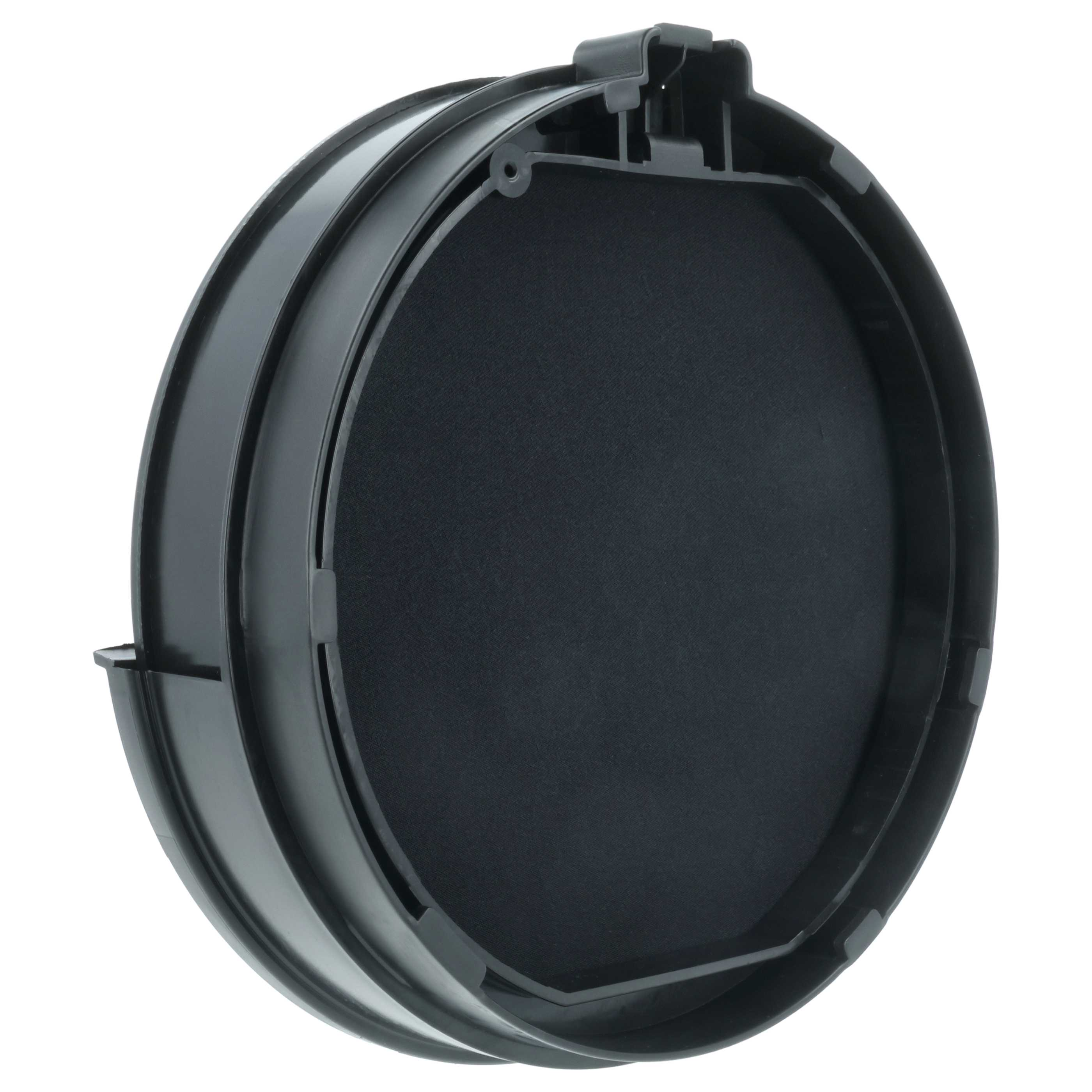 Ein schwarzer runder Filter mit Plastikrahmen, auf weißem Hintergrund.
