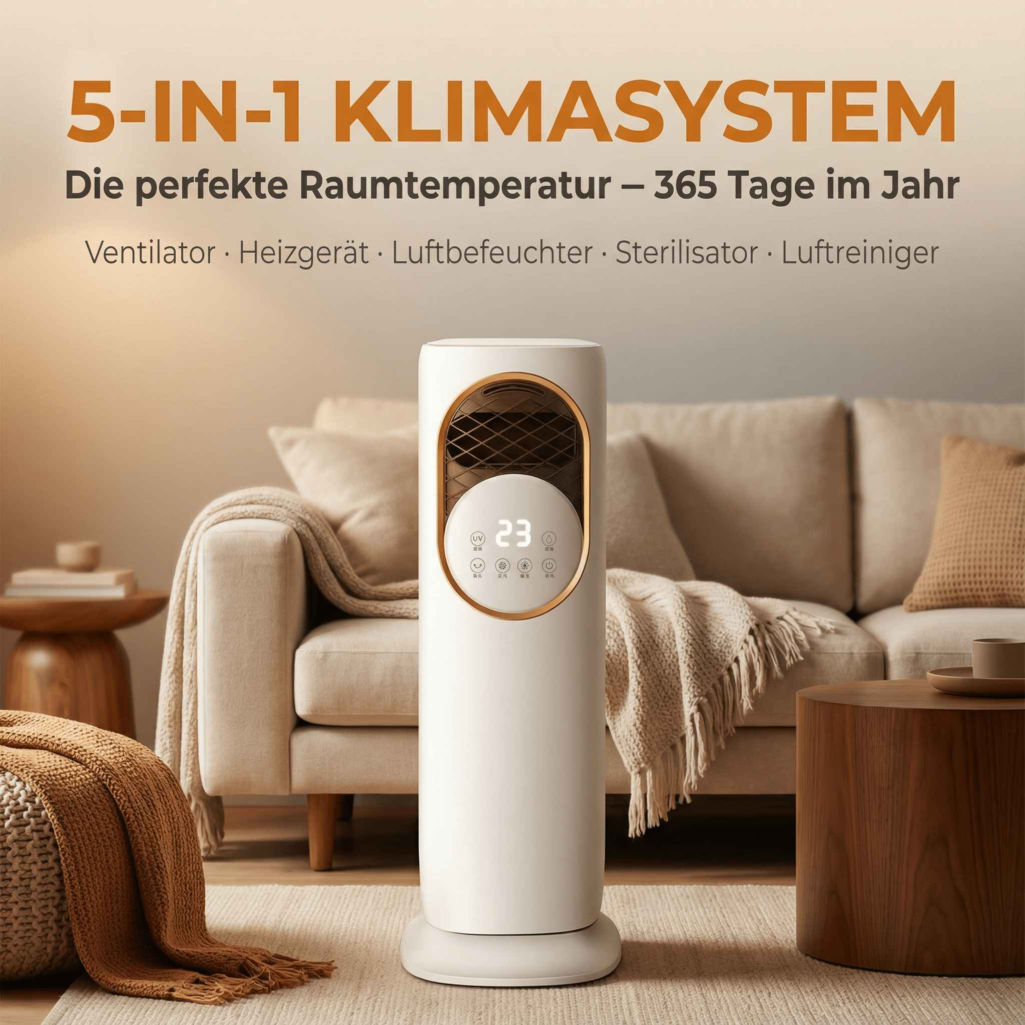 Ein weißer 5-in-1 Klimagerät steht im Wohnzimmer neben einem Sofa.