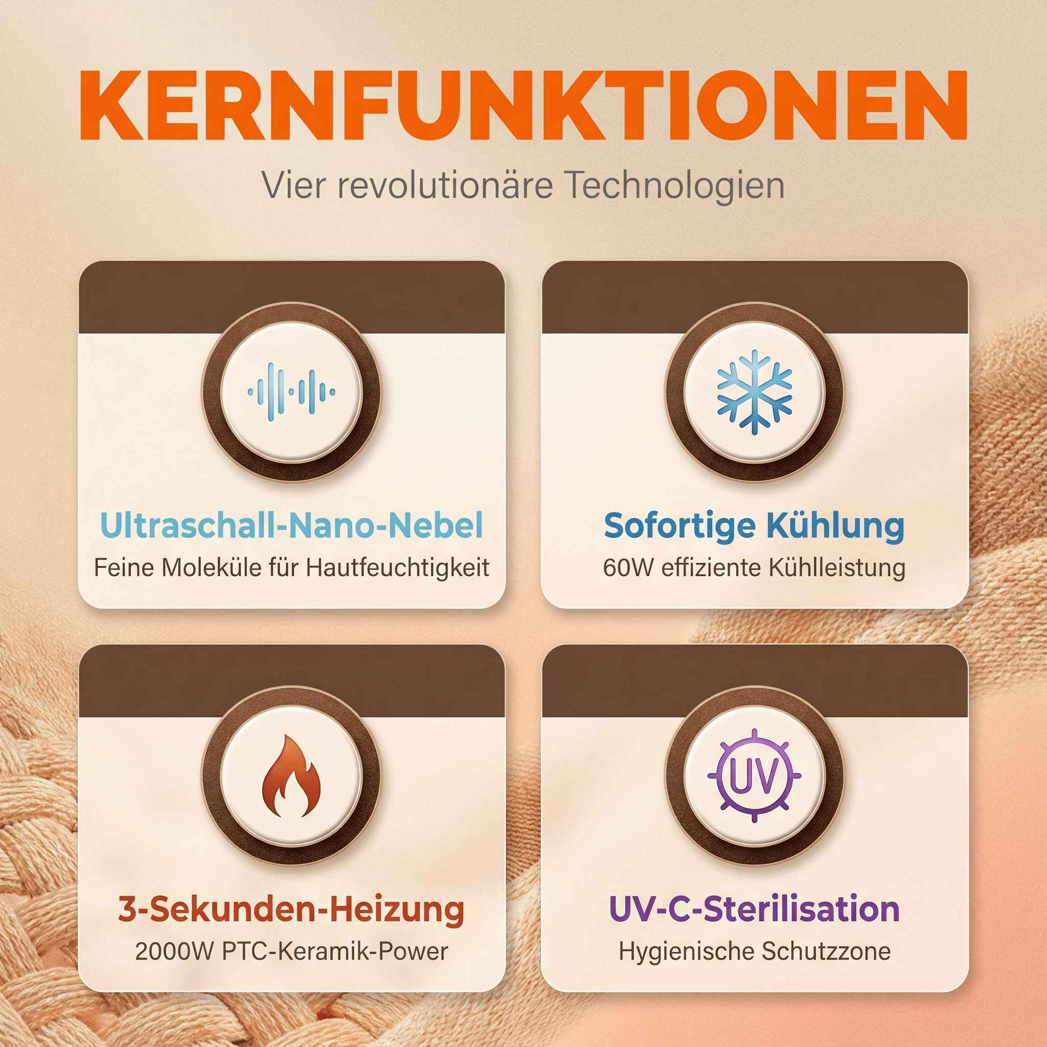 Vier Kernfunktionen: Ultraschall-Nebel, Kühlung, Heizung und UV-Sterilisation.