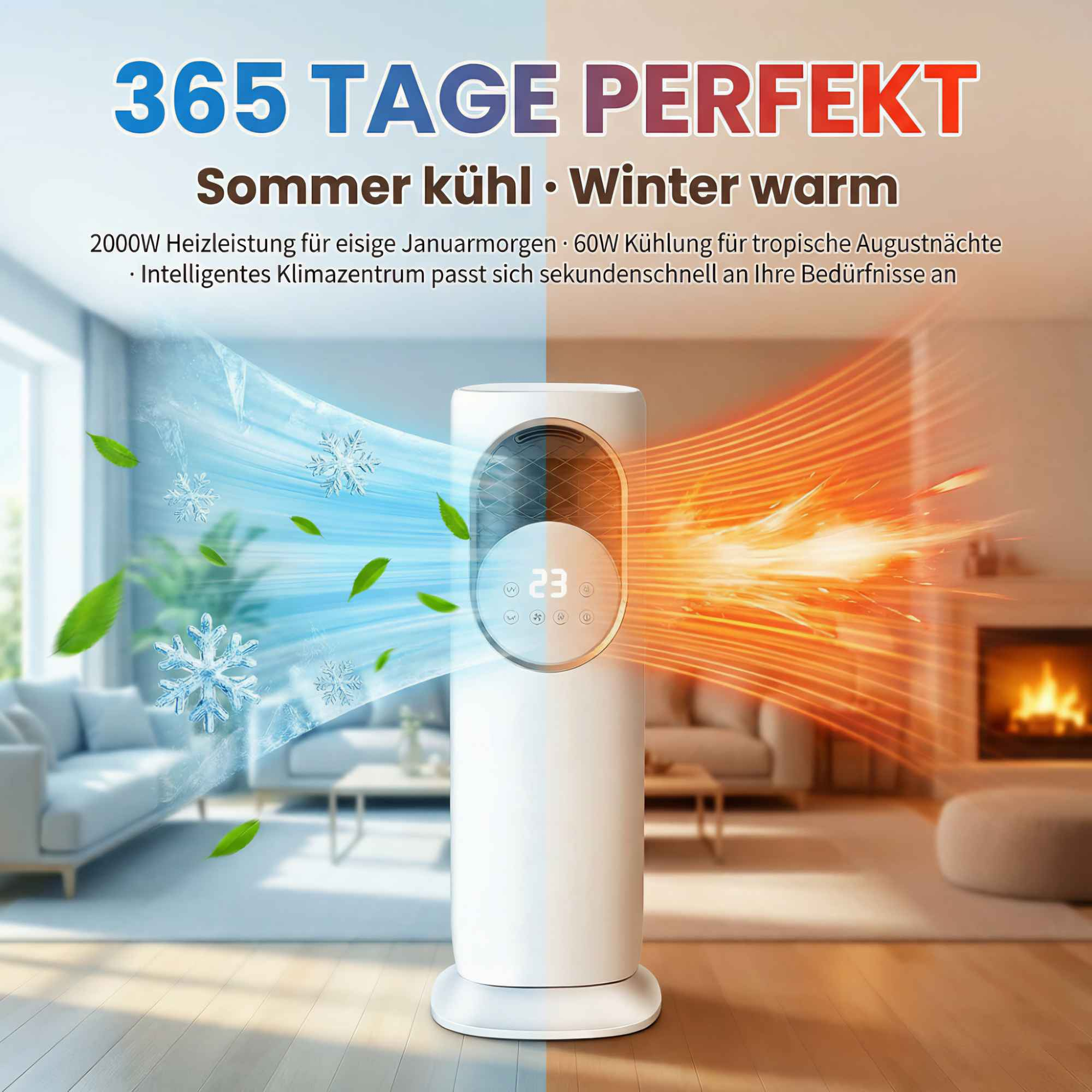 Ein weißer Turm-Luftreiniger mit blauen Kühl- und orangen Heizelementen.