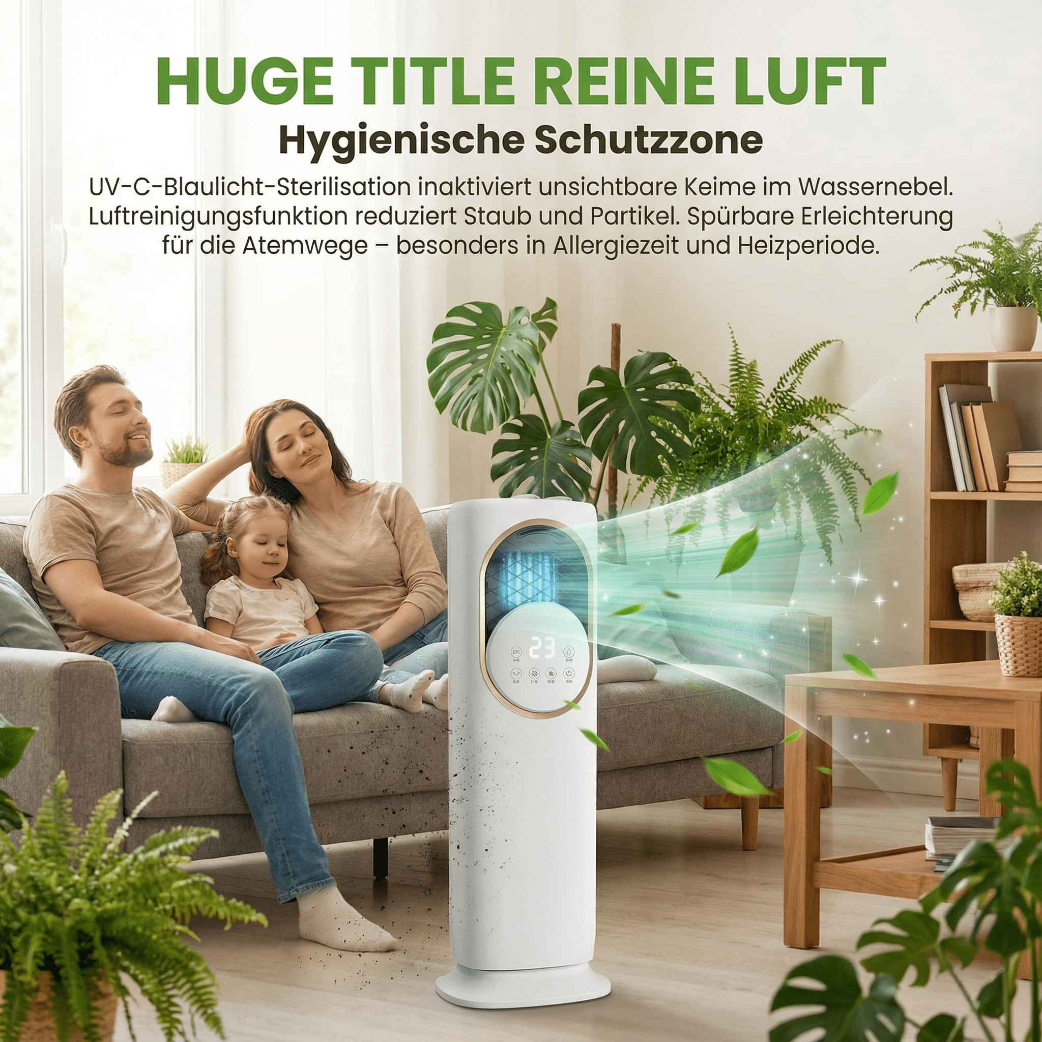 Familie entspannt auf Sofa, Luftreiniger mit Blättern und Sternen im Vordergrund.