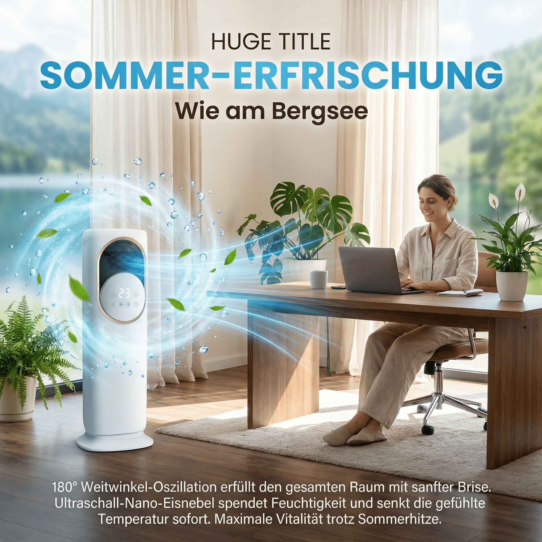 Ein weißer Luftkühler mit Blättern und Wassertropfen daneben.