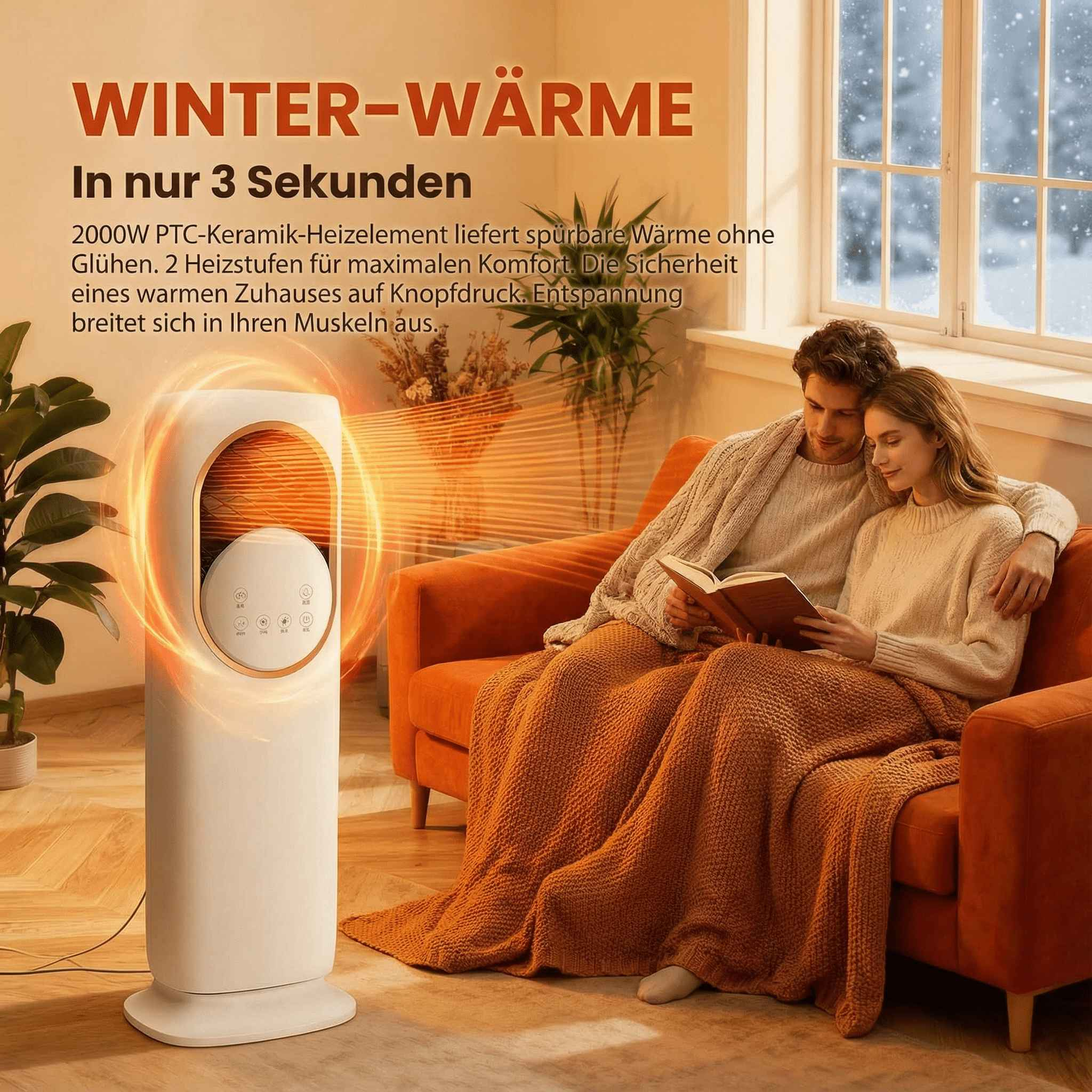 Ein Paar liest auf einem Sofa, eine Heizung im Vordergrund, draußen schneit es.