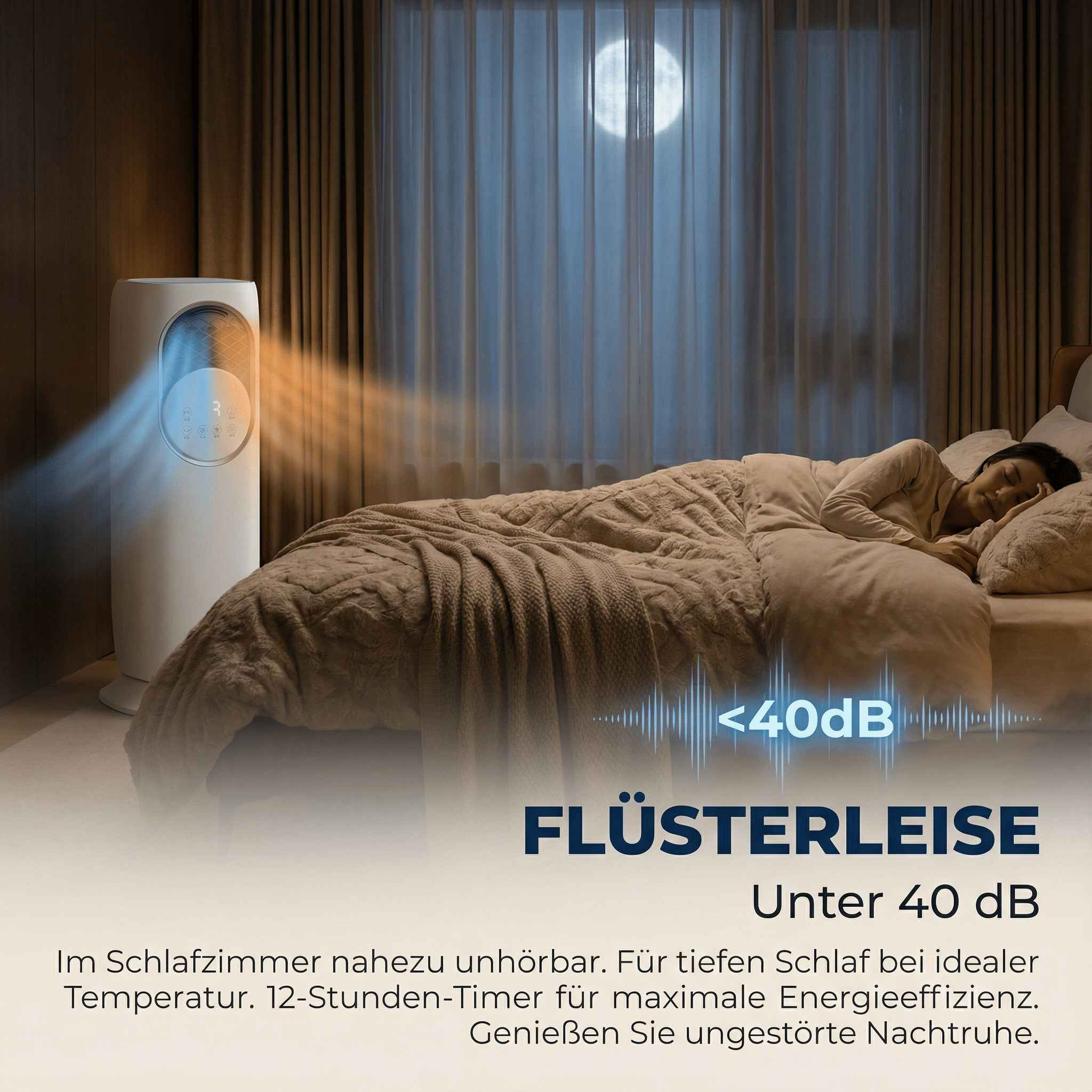 Ein Schlafzimmer mit einem Luftreiniger und einer schlafenden Frau, <lt/>40dB.
