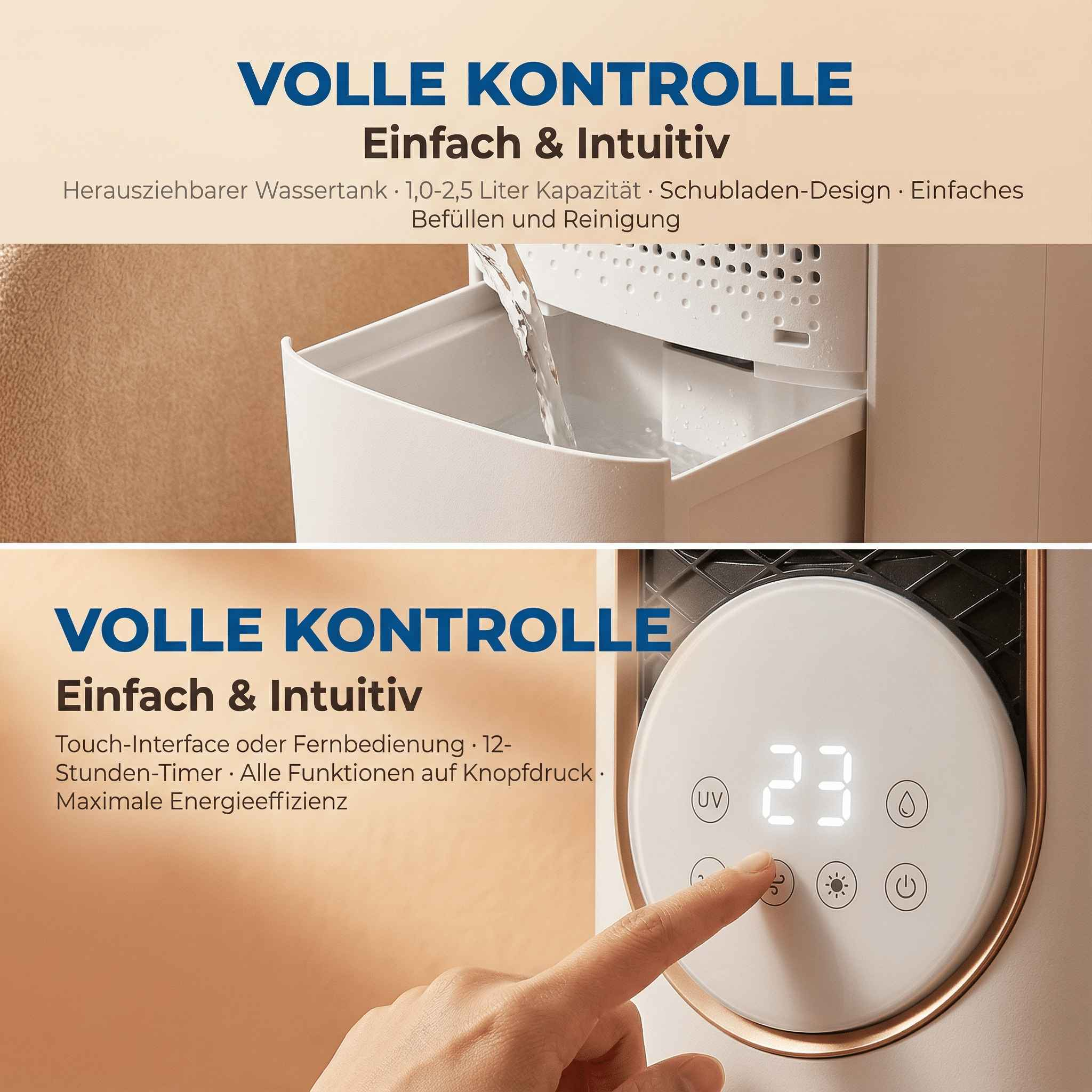 Wasser wird in einen Behälter gefüllt. Ein Finger berührt ein Bedienfeld.