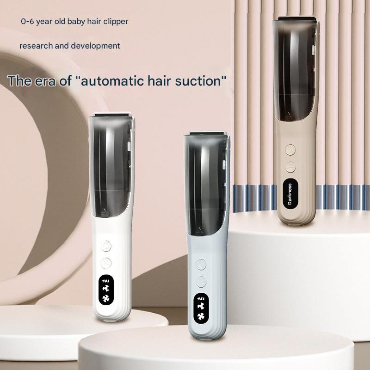 Drei weiße und beige Baby-Haarschneider mit transparenten Behältern stehen auf Podesten.