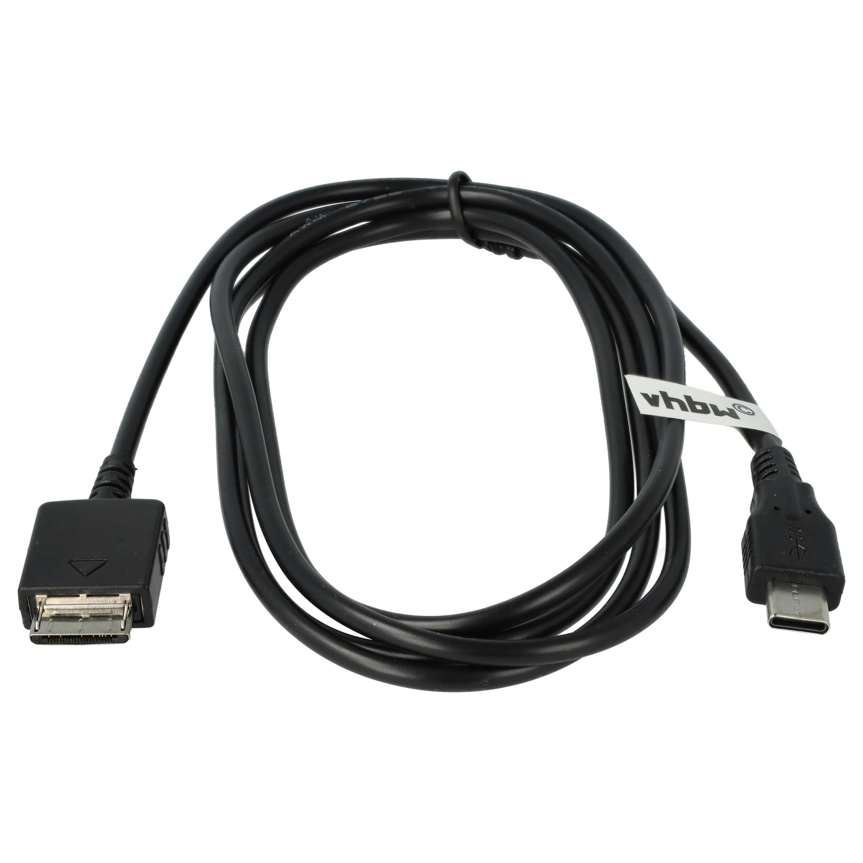 Schwarzes Kabel mit USB-C und 30-Pin-Anschluss, auf weißem Hintergrund.
