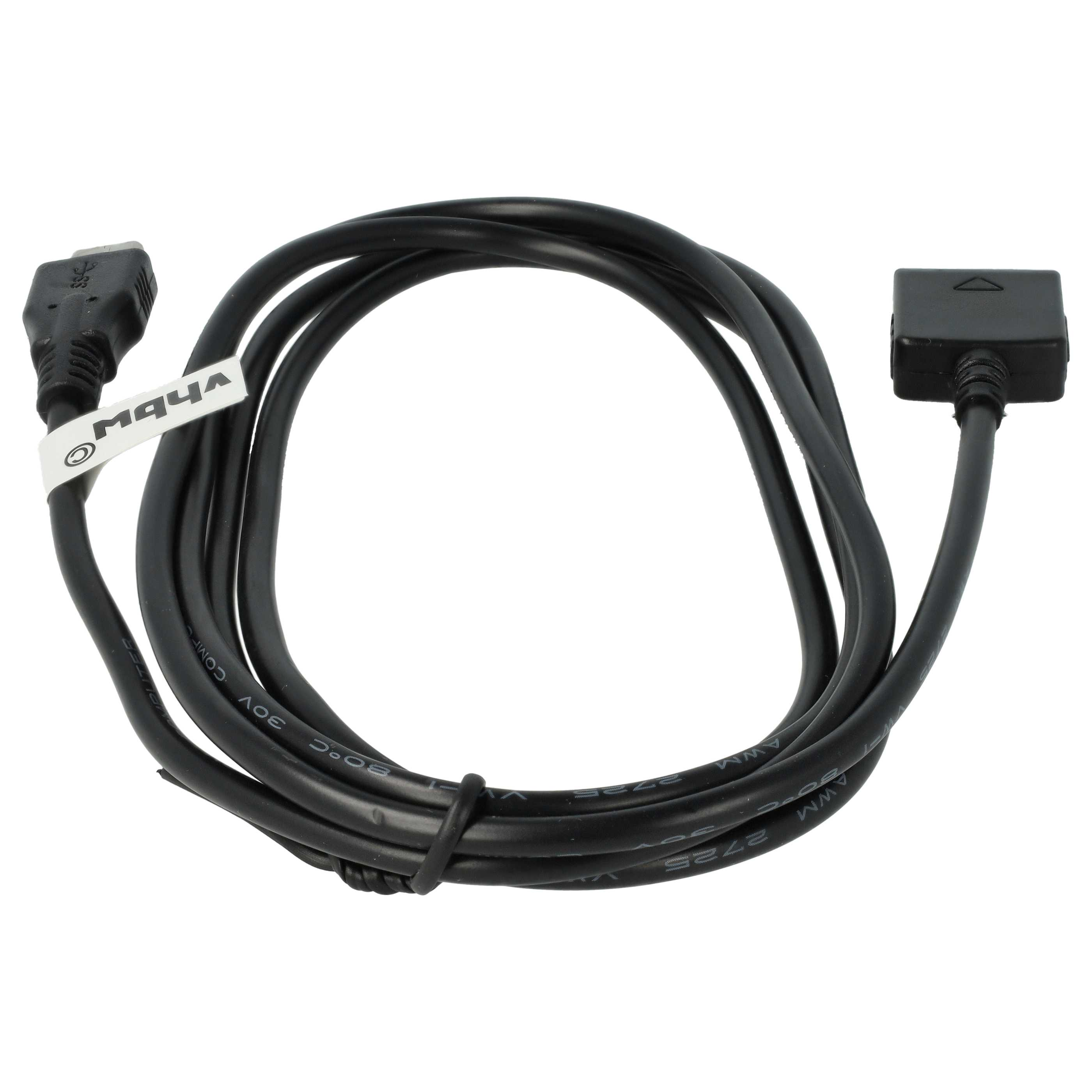 Schwarzes USB-Kabel mit zwei Anschlüssen und einem Etikett.