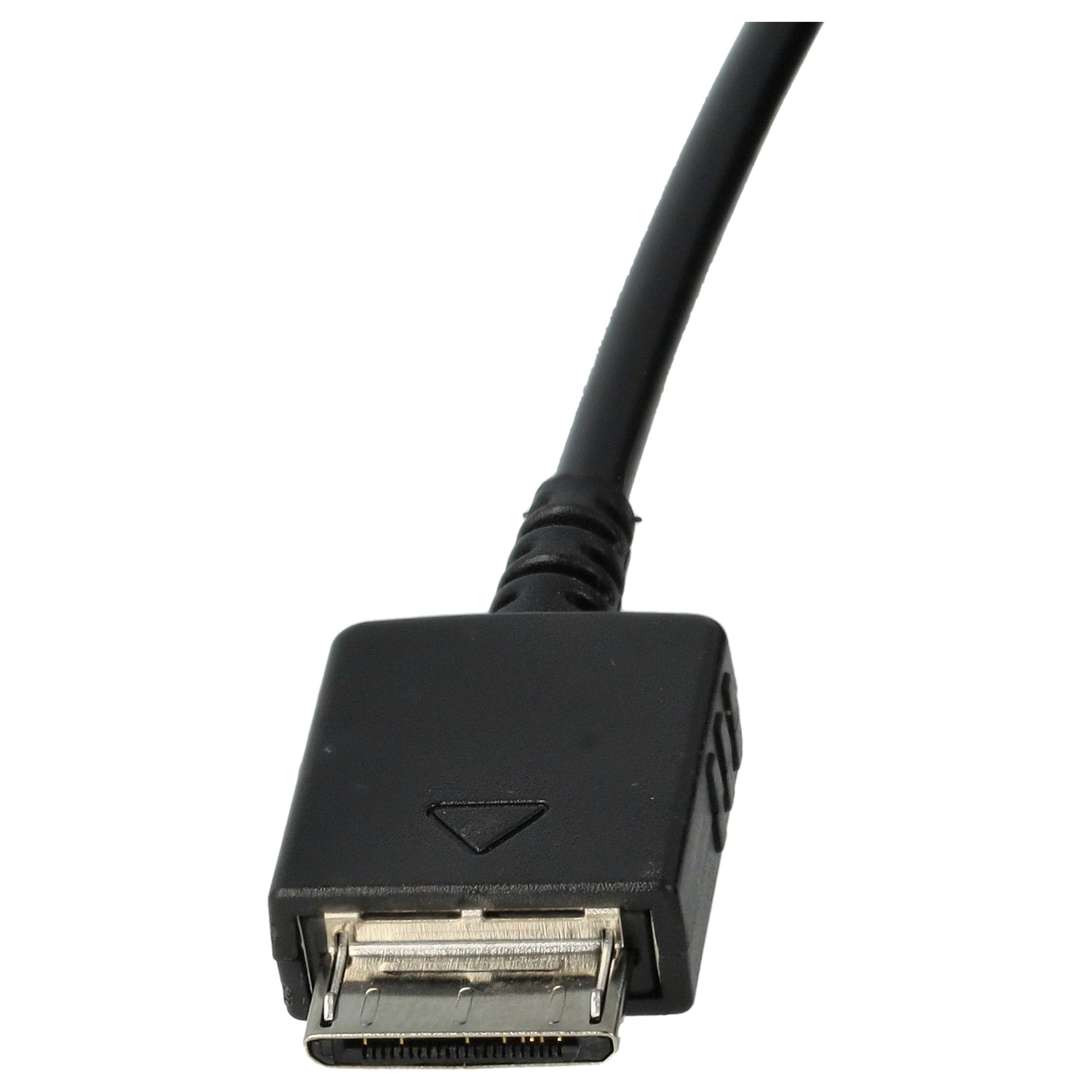 Schwarzer Stecker mit silbernen Kontakten, der an einem Kabel befestigt ist.