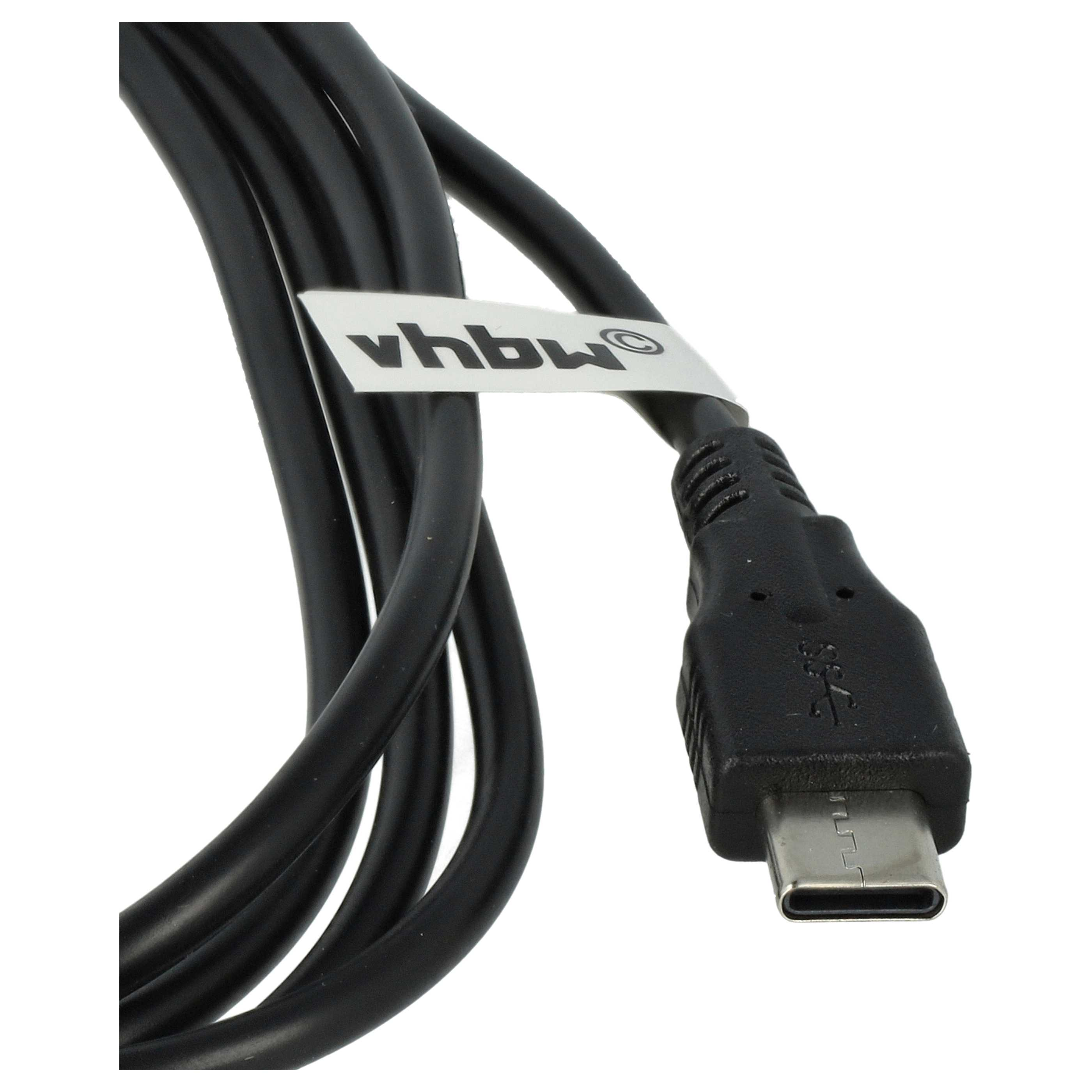Ein schwarzes USB-C-Kabel mit einem weißen Etikett mit schwarzer Schrift.