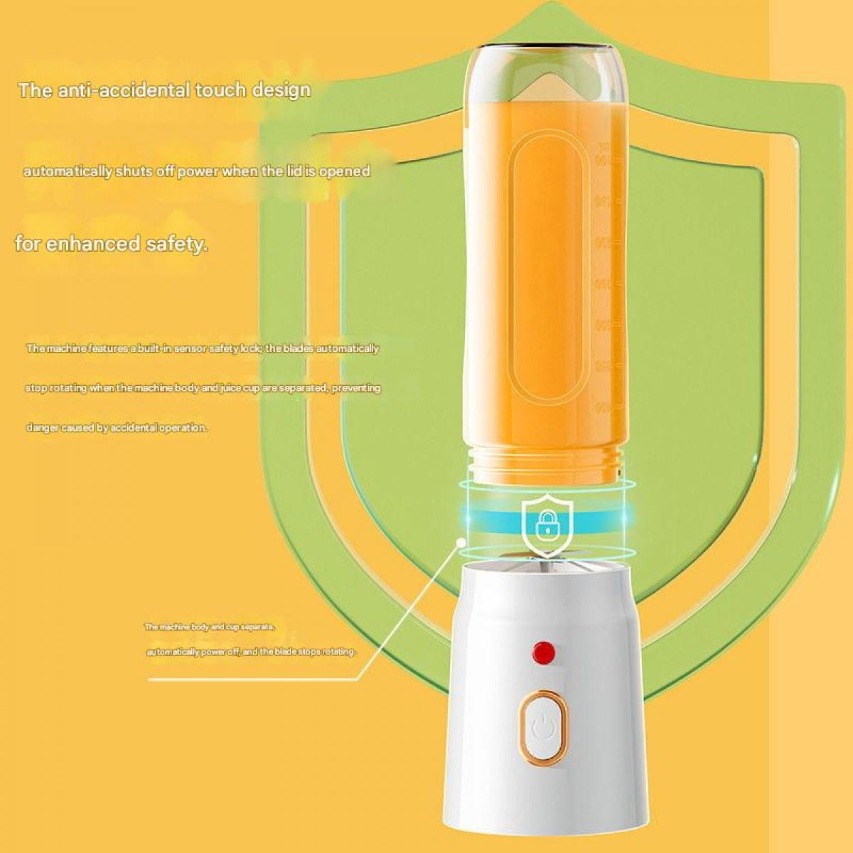 Ein weißer Mixer mit einem orangen Saftbehälter, Sicherheitssymbol.