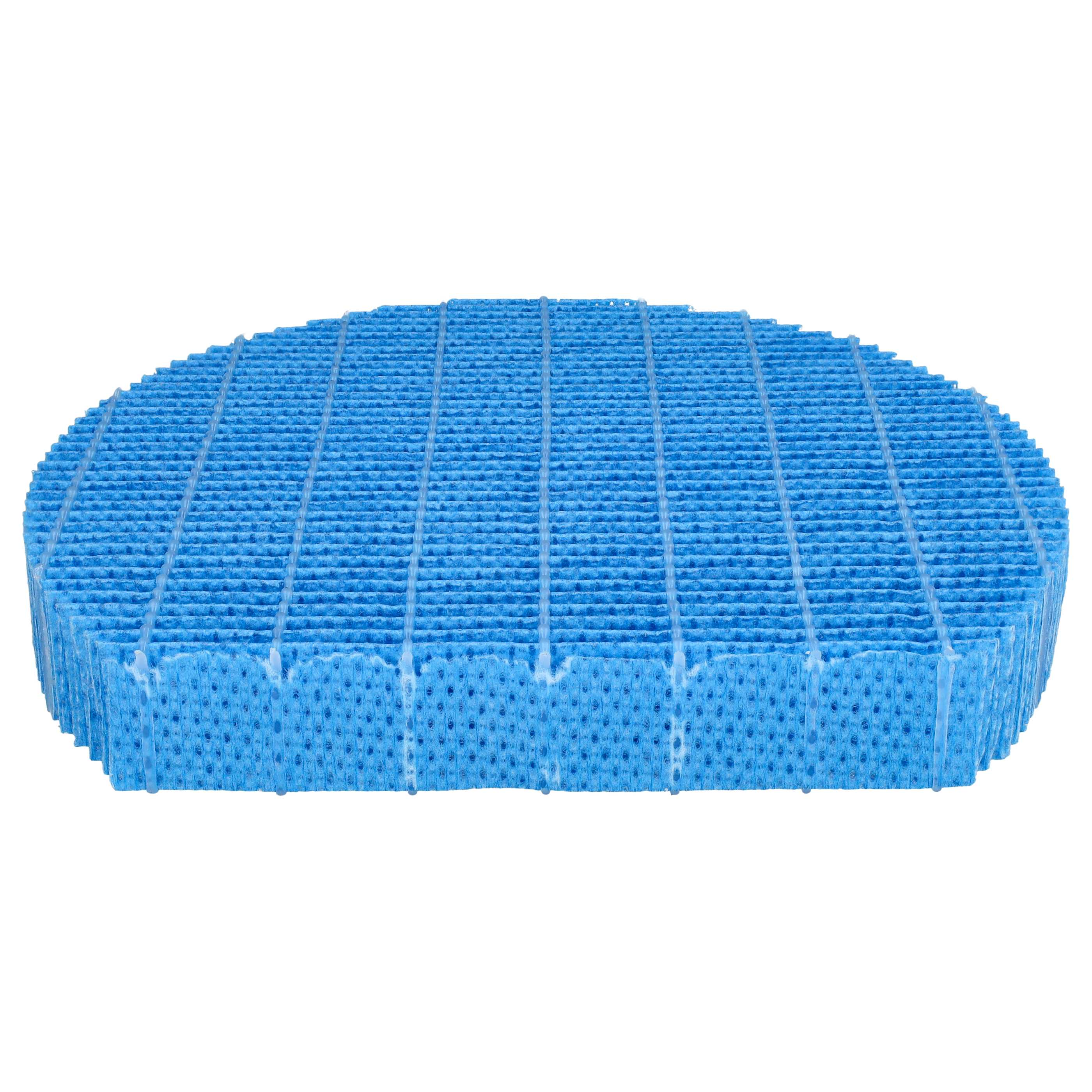 Ein blaues, ovalförmiges Filtermedium mit vielen kleinen Löchern und vertikalen Rippen.