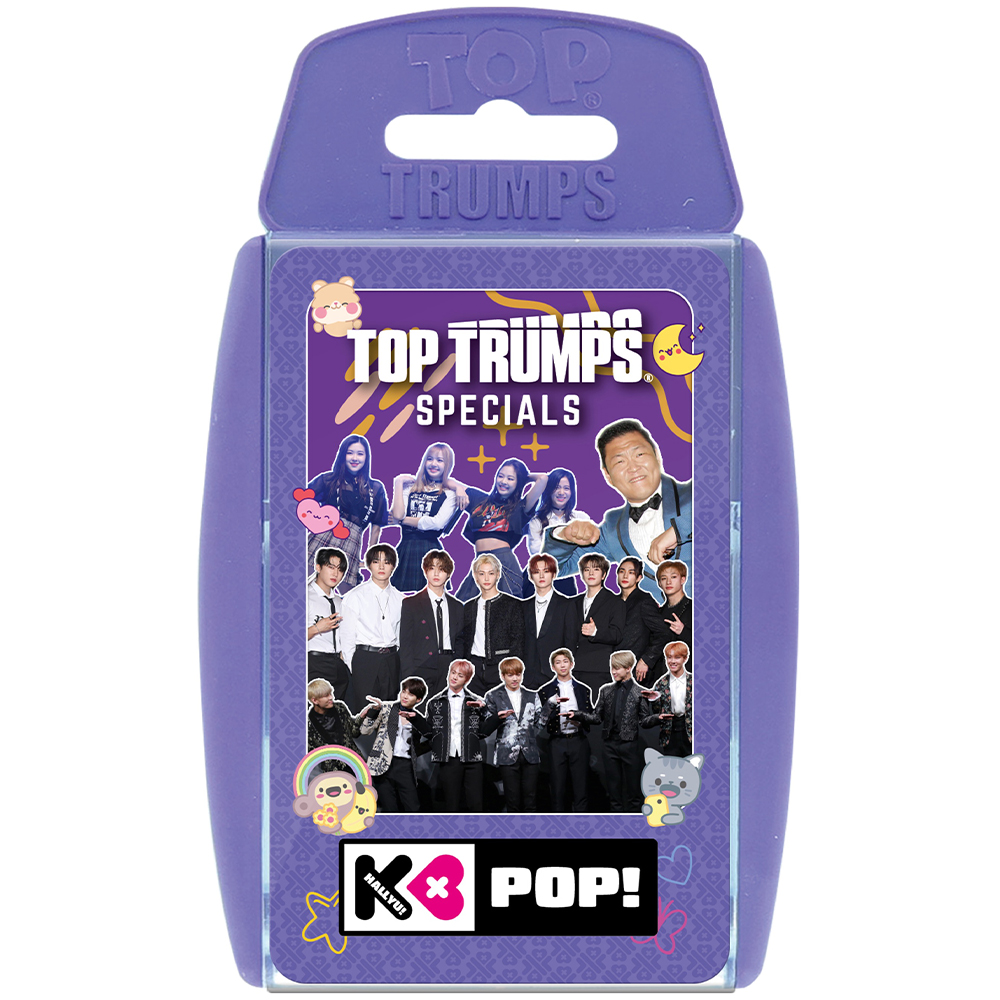 Gioco di carte Top Trumps K-Pop Specials viola con foto di gruppo di idoli K-Pop.