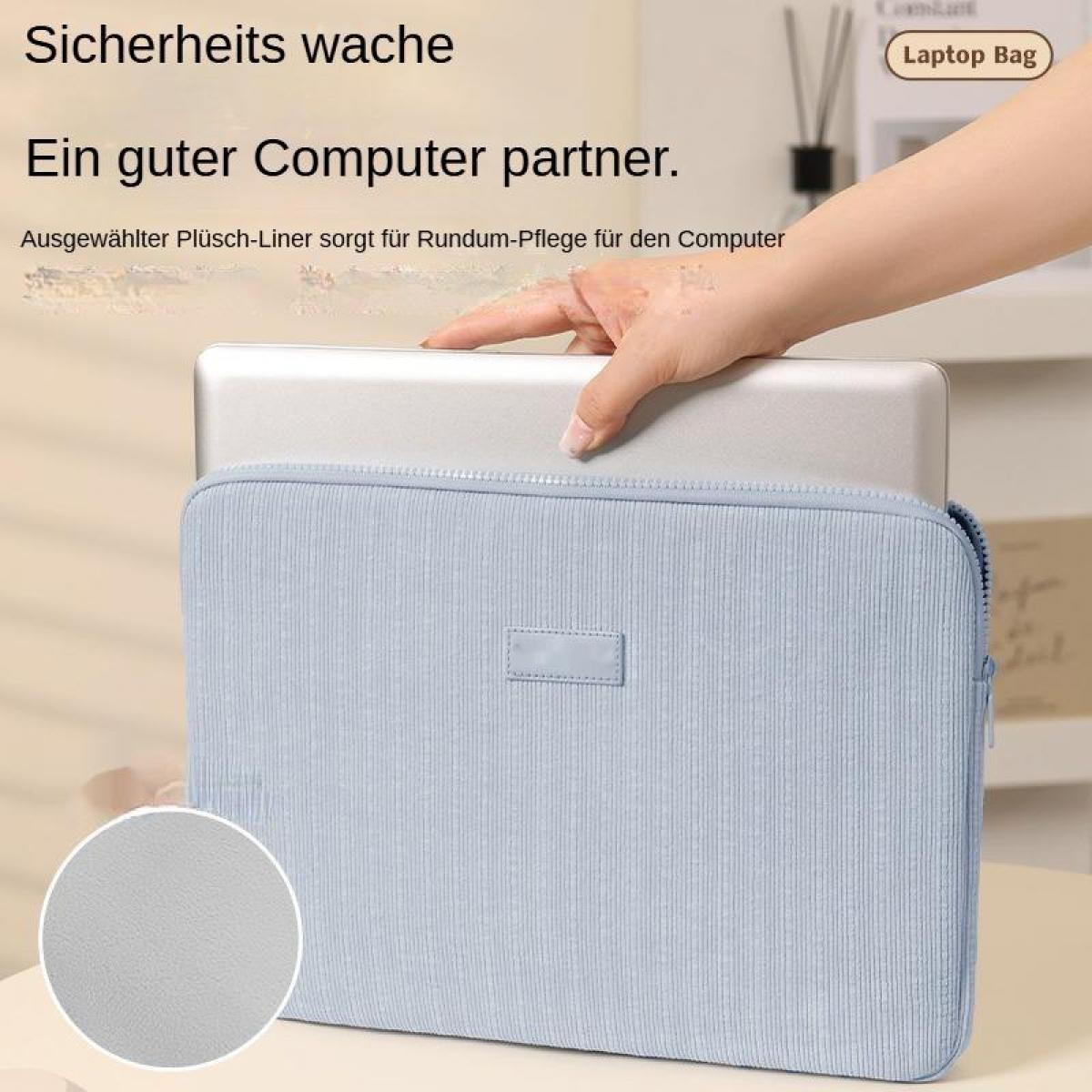 Eine hellblaue Laptoptasche mit Rillenstruktur. Ein Laptop wird hineingeschoben.