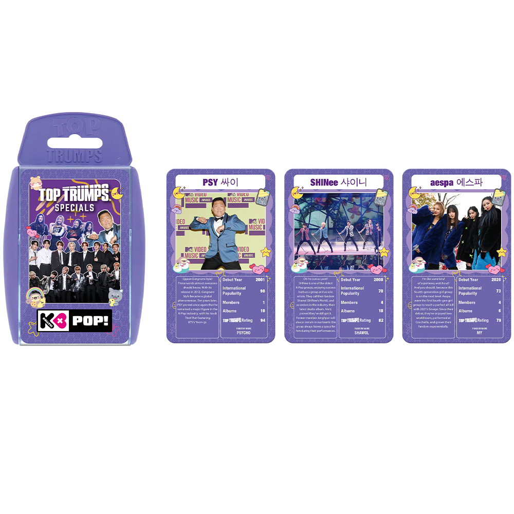 Carte Top Trumps K-Pop: PSY, SHINee e Aespa con statistiche e immagini.