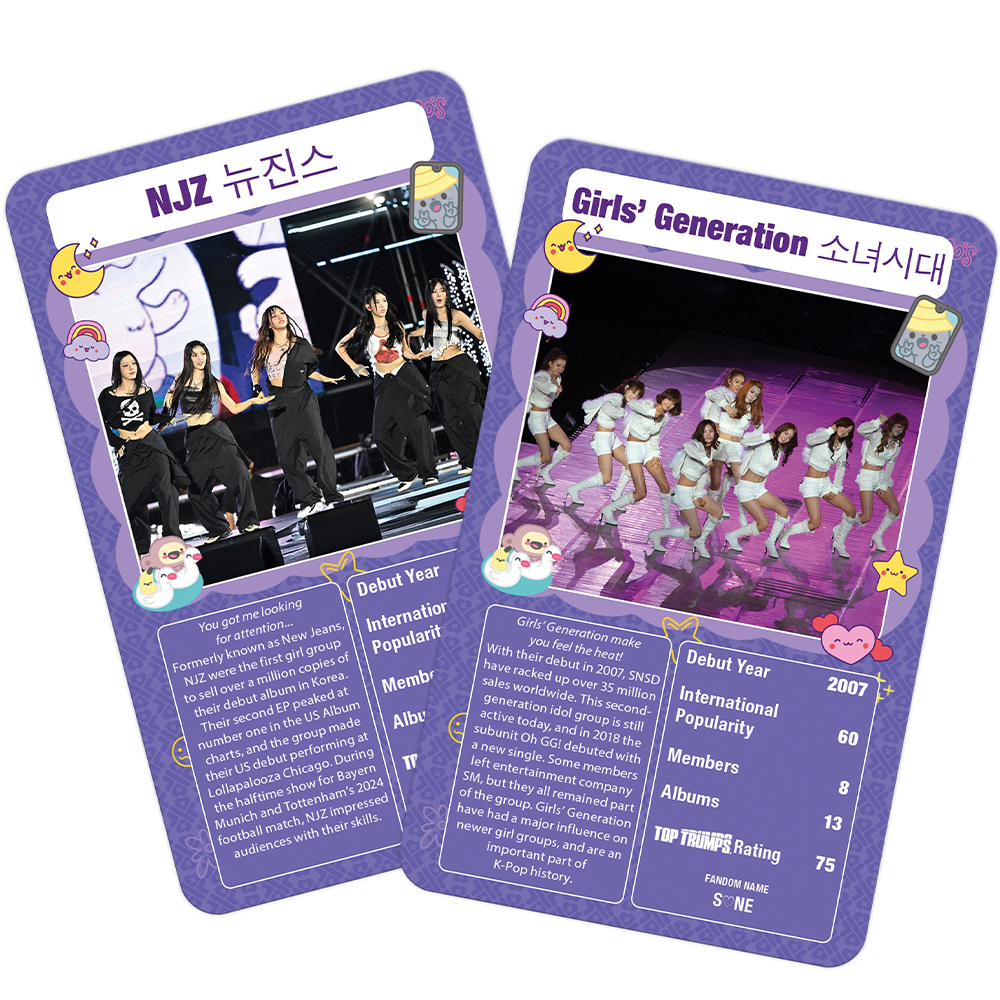 Due carte di gruppi K-pop: NJZ e Girls' Generation in concerto.