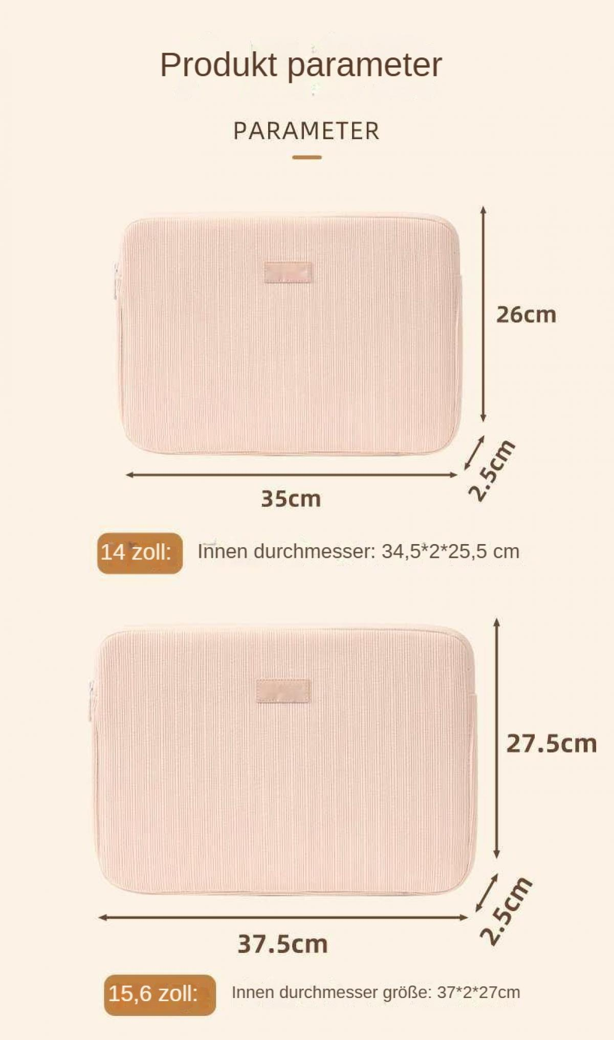 Zwei beige Laptop-Taschen mit Maßen und Größenangaben.