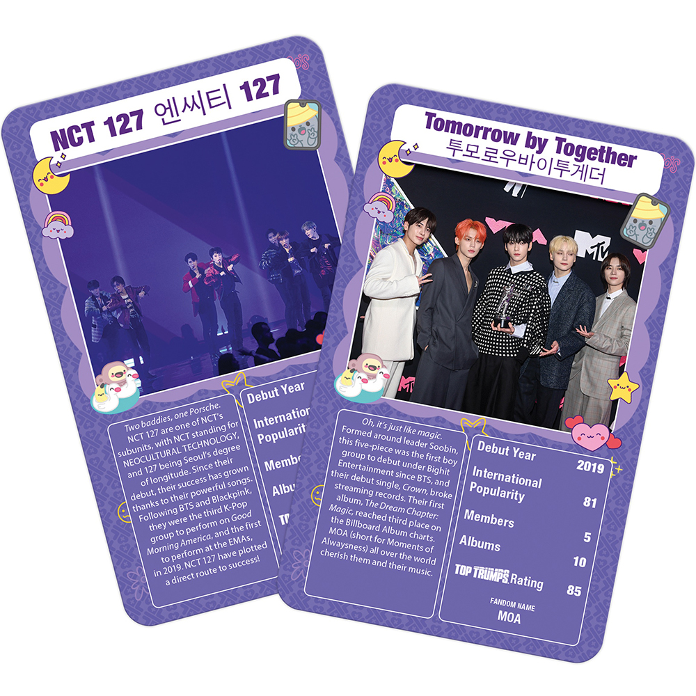NCT 127 su una carta con un gruppo sul palco. A destra: Gruppo Tomorrow by Together.