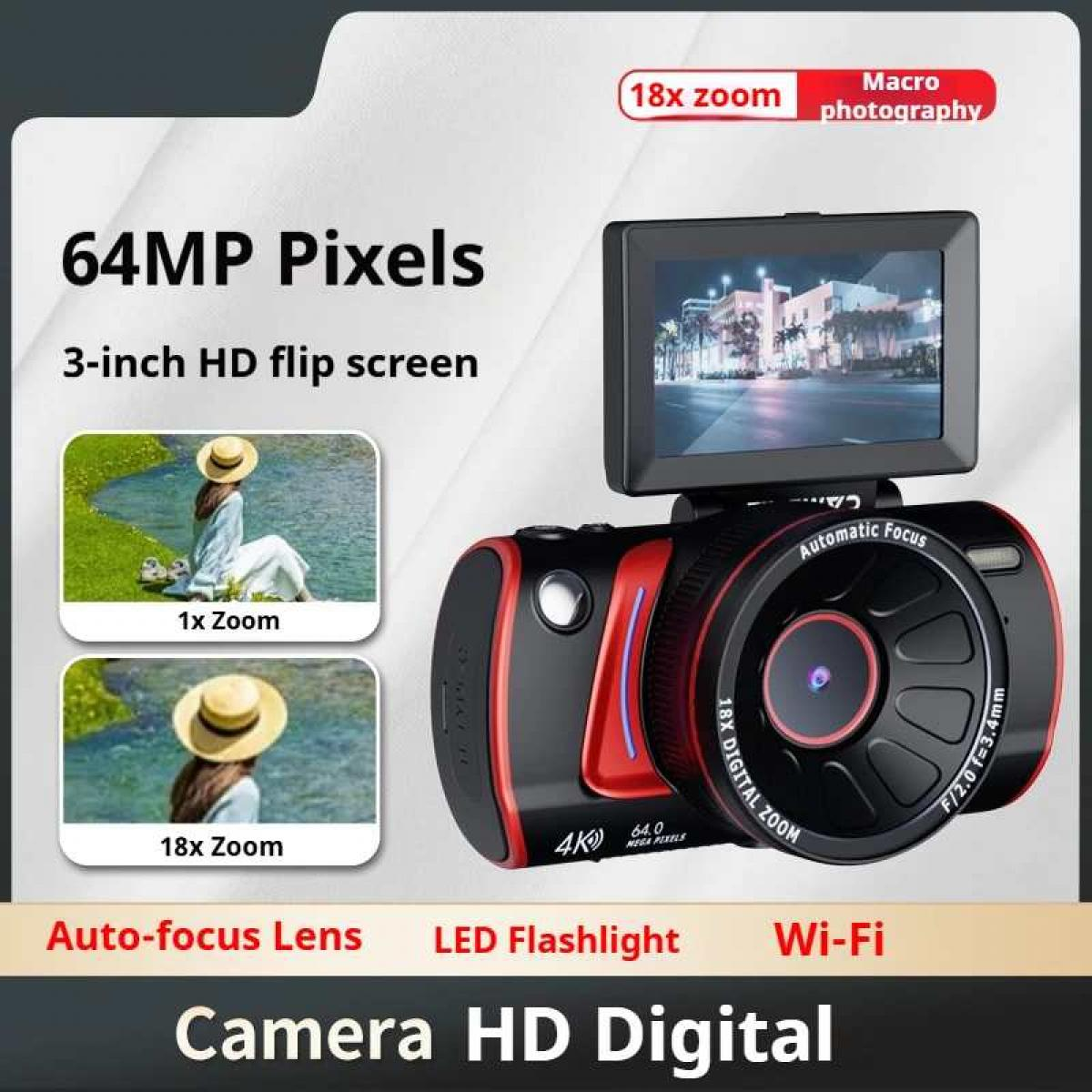 Digitalkamera mit 64MP, 3-Zoll-Flip-Bildschirm, 18x Zoom, Makro, Autofokus, Blitz, Wi-Fi.