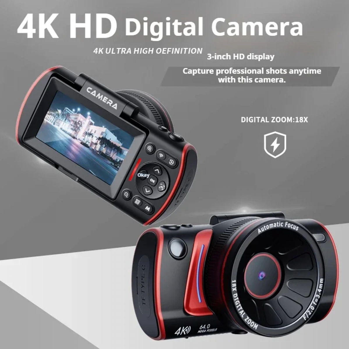 Zwei 4K HD-Digitalkameras mit rotem Akzent, eine zeigt das Display, die andere die Linse.