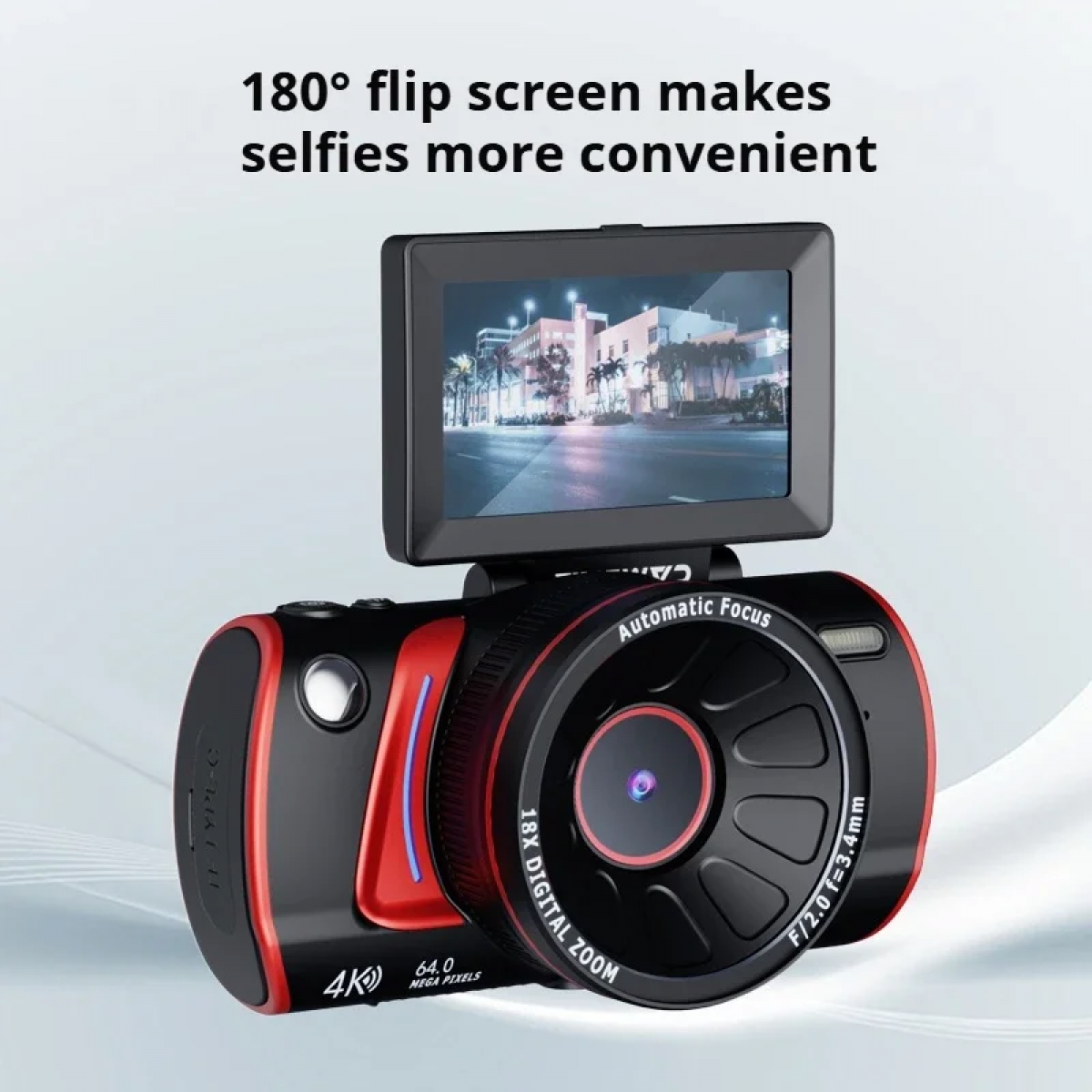 Kamera mit 18X Zoom, 4K, 64MP und schwenkbarem Bildschirm.