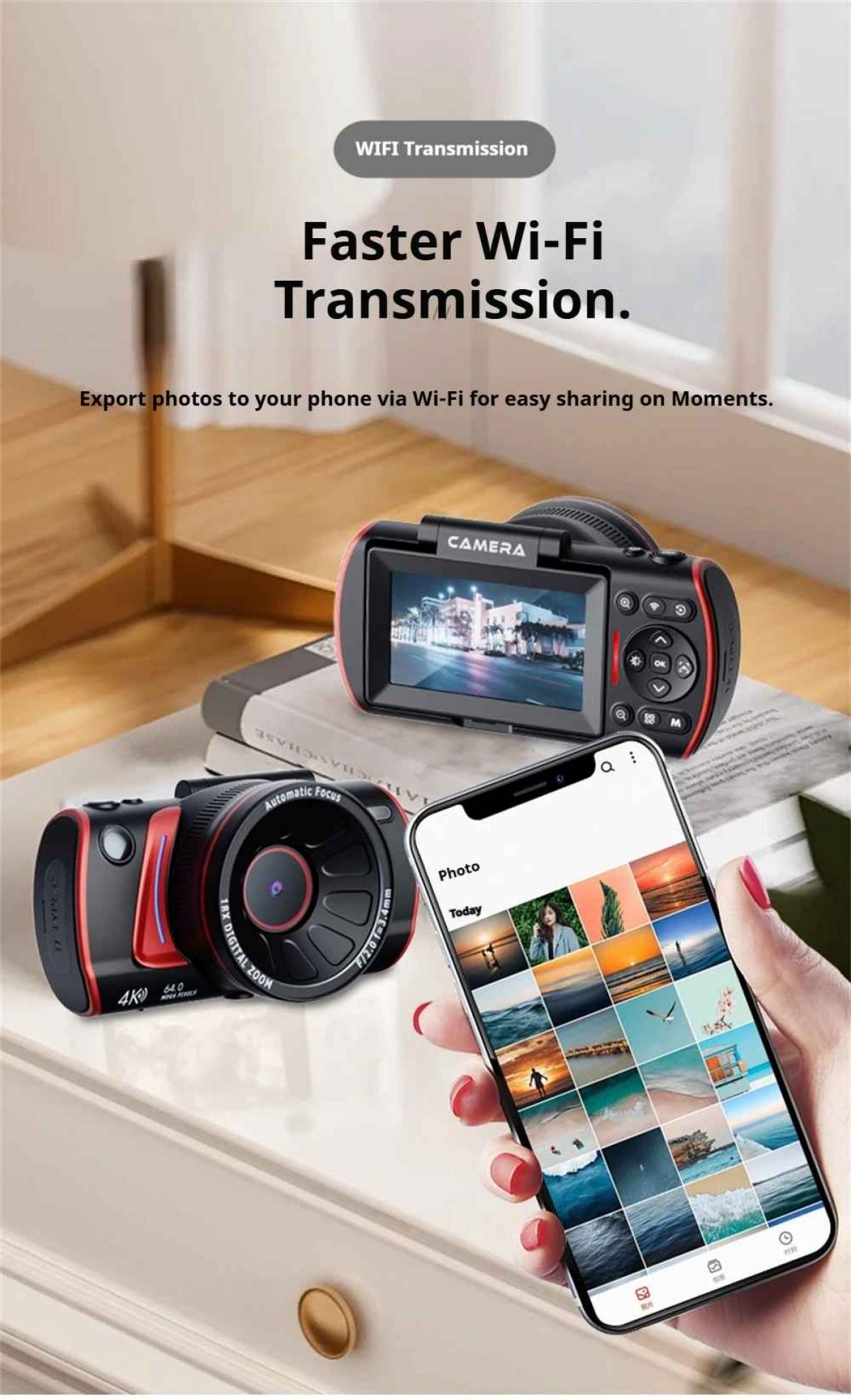 Eine schwarz-rote Kamera und ein Smartphone mit Fotos. 