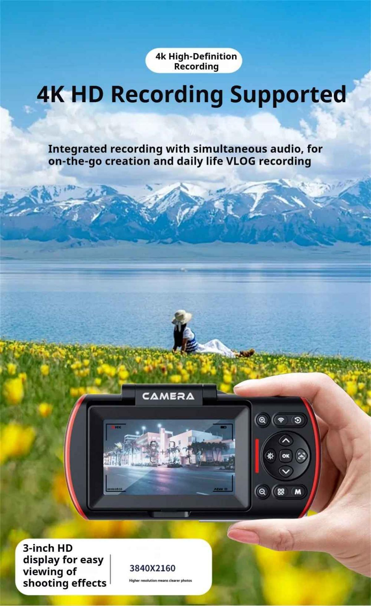 Eine Kamera mit 3-Zoll-HD-Display zeigt eine Stadtansicht. Im Hintergrund Berge und See.