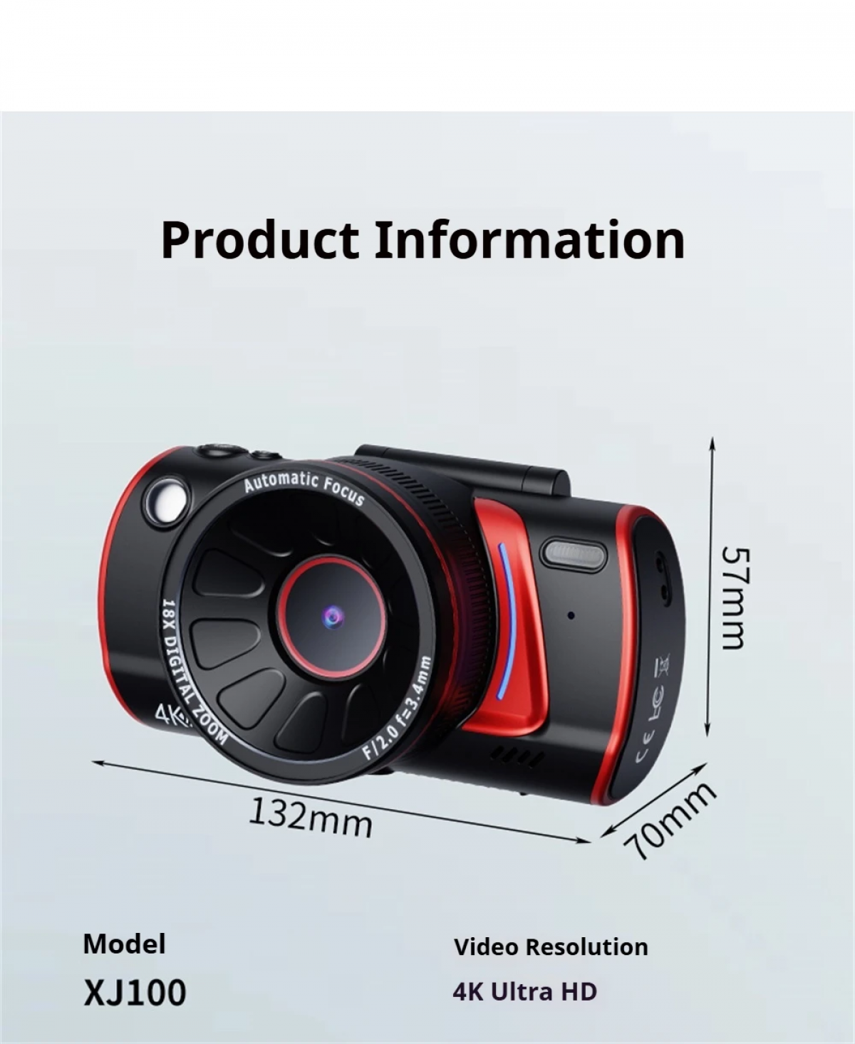 Ein schwarzer und roter Camcorder mit 18-fachem Digitalzoom und 4K-Auflösung.