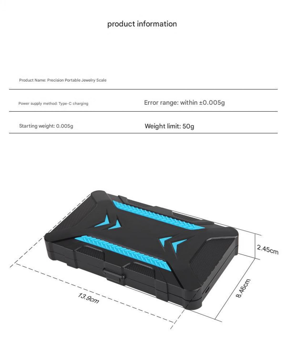 Schwarze Waage mit blauen Akzenten, 13,9x8,46x2,45cm, für Schmuck.