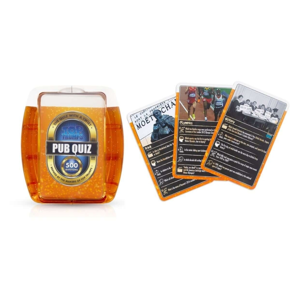 Gioco Top Trumps Pub Quiz con 3 carte: "Moet & Chandon", "Olympics", "History".