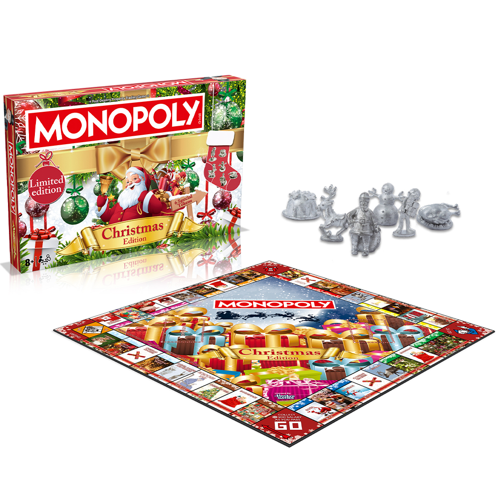 Gioco da tavolo Monopoly Edizione Natalizia, figure e scatola.